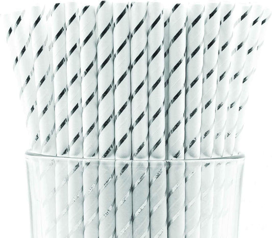 Pack of 150 Silver Foil Stripes Biodegradable 4-Ply Paper Drinking Straws (Compostable, Non-toxic, BPA-free)