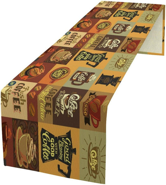Coffee Table Runner,Vintage Style Coffee Beans Cups Theme Design Pattern Print Tablecloth Burlap for Hotel Indoors Outdoor Dining Room Kitchen Holiday Party, 13x36in