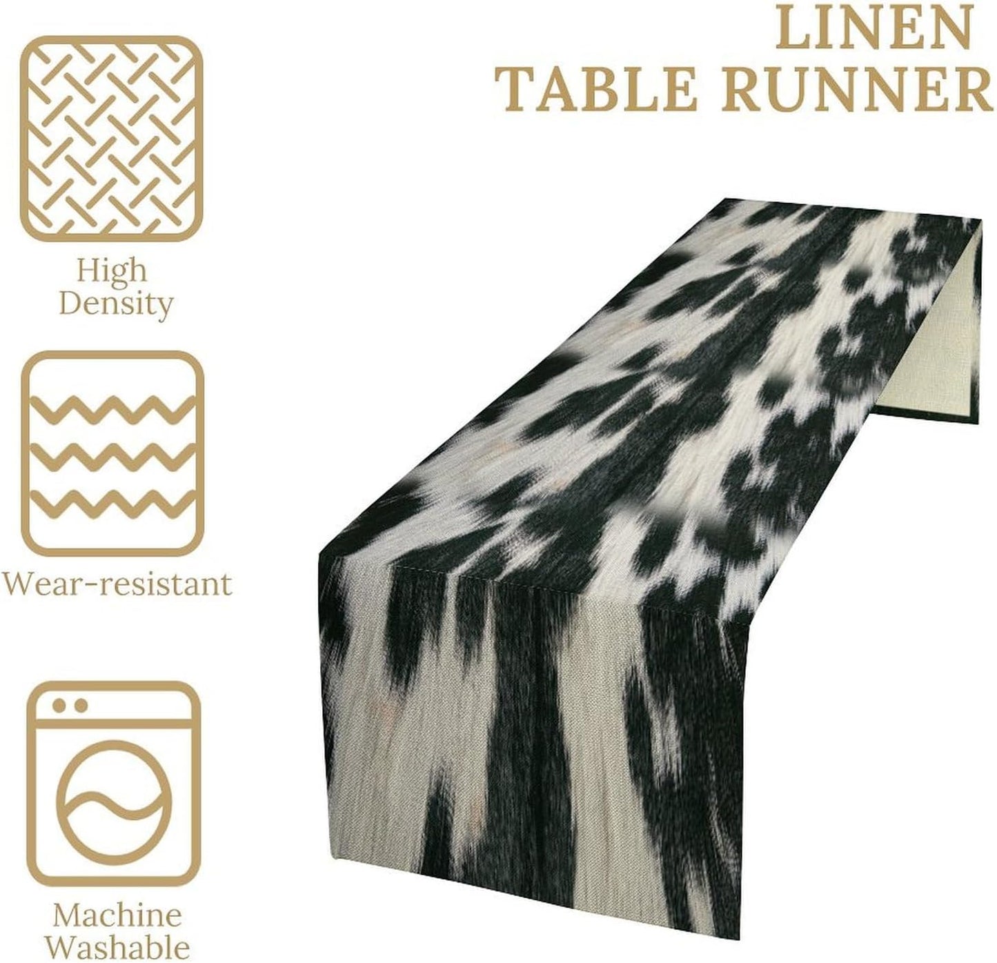 Rustic Cow Skin Print Table Runner, Country Farm Animal Fur Skin Pattern Western Style Brown Cowhide Print Cotton Linen Cottage Dinner Runner for Home Kitchen Dining, 13x70 Inch