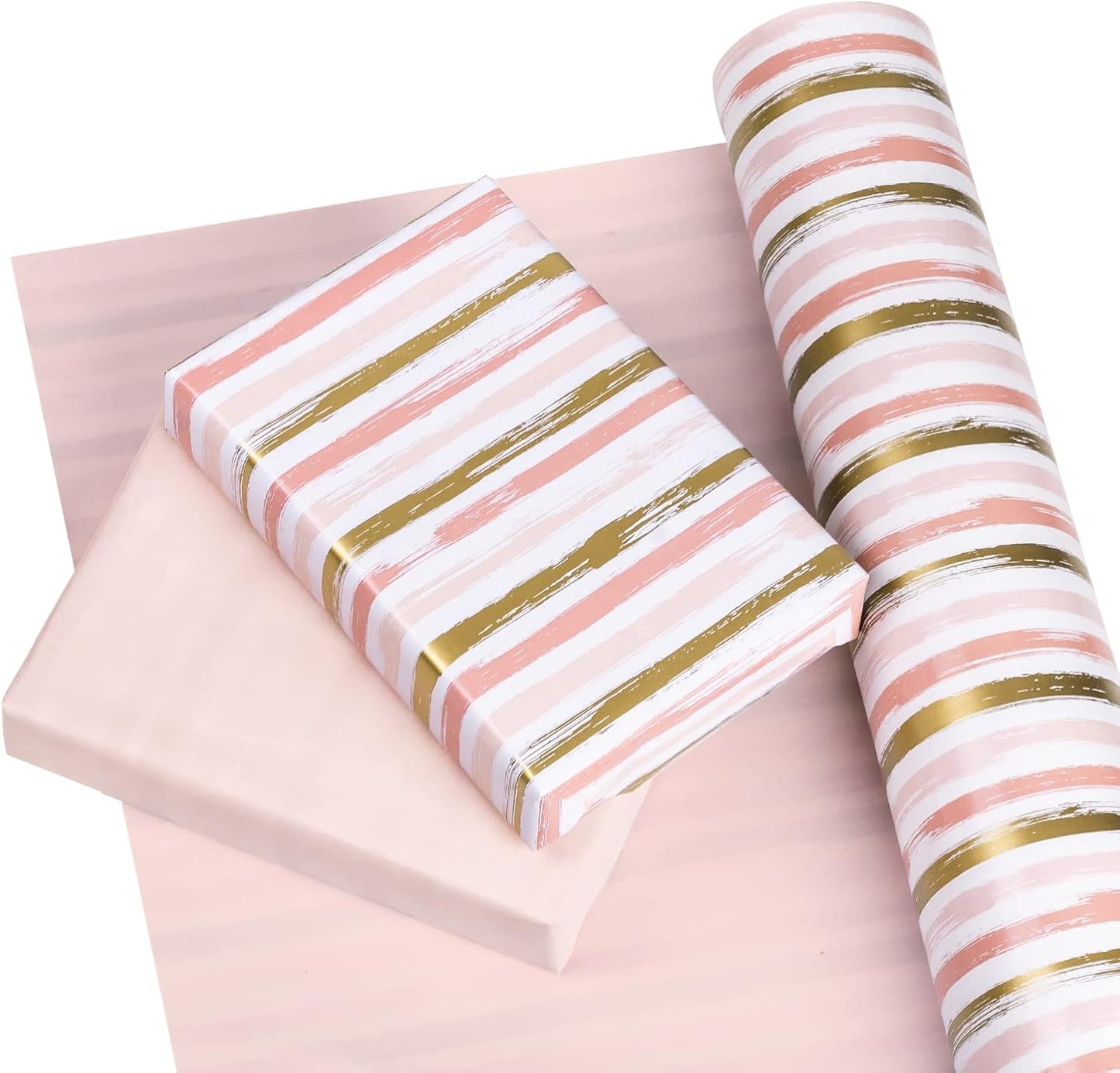 WRAPAHOLIC 30 Inch Reversible Wrapping Paper Roll - 30 Inch X 100 Feet Jumbo Roll Pink and Gold Lines Print for Birthday, Holiday, Wedding, Baby Shower and More Occasions