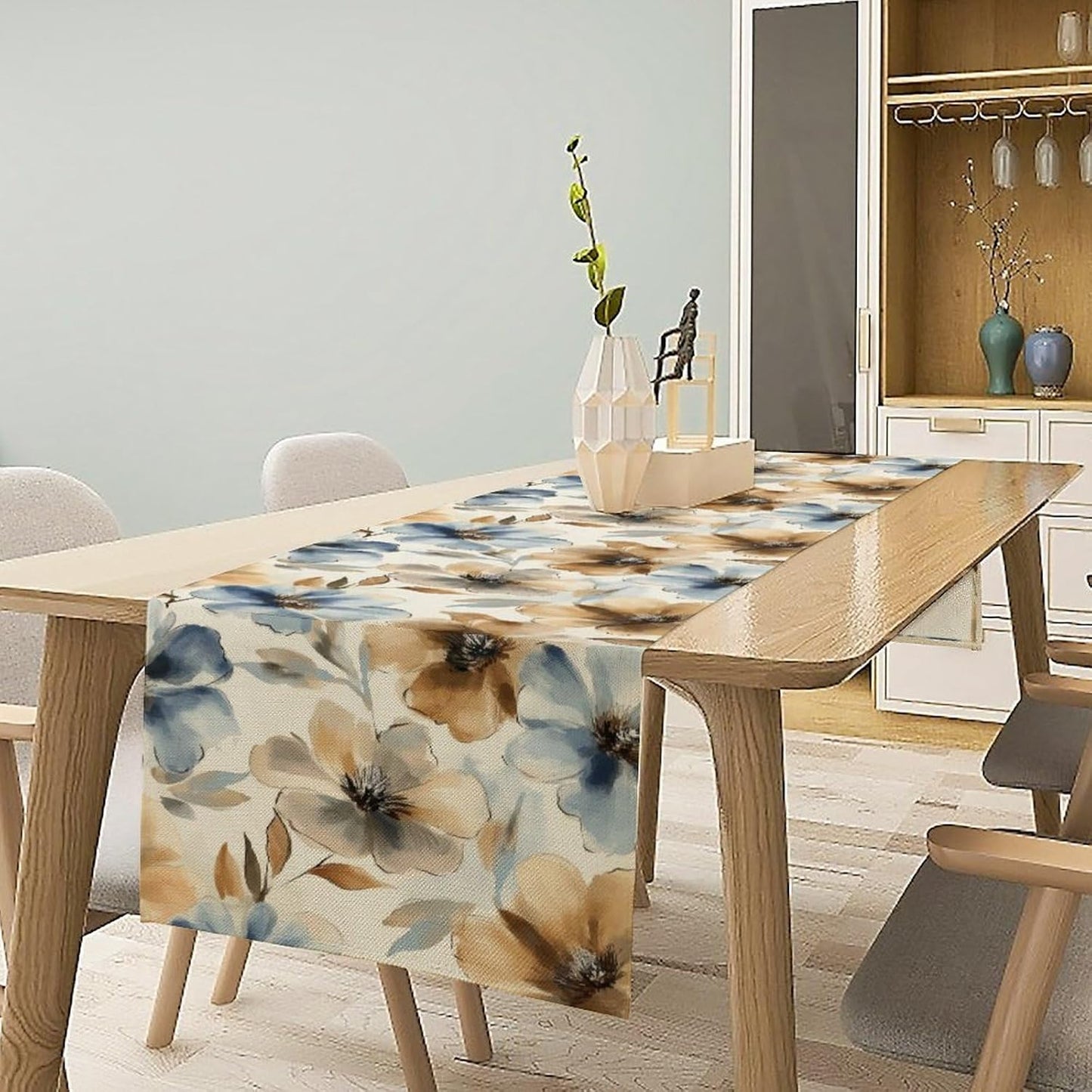 Poppy Floral Table Runner, Watercolor Brown Blue Flowers Blossom Summer Nature Table Runner for Kitchen Dinning Table Runner Decor Home Wedding Party Holiday, 13x108 Inch