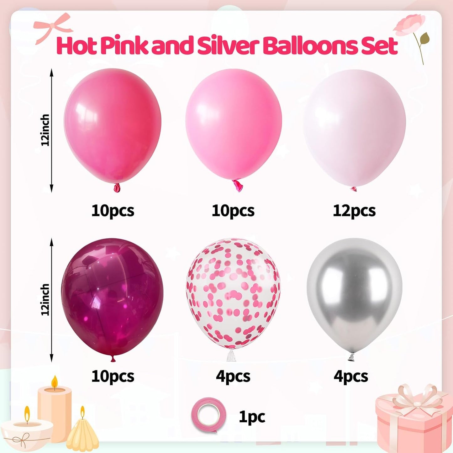 Paready Pink Balloons Set, 50PCS Hot Pink Latex Balloons, 12 Inch Confetti Balloon Metallic Silver Party Balloon Helium for Girls Women Baby Shower Princess Wedding Birthday Party Decorations