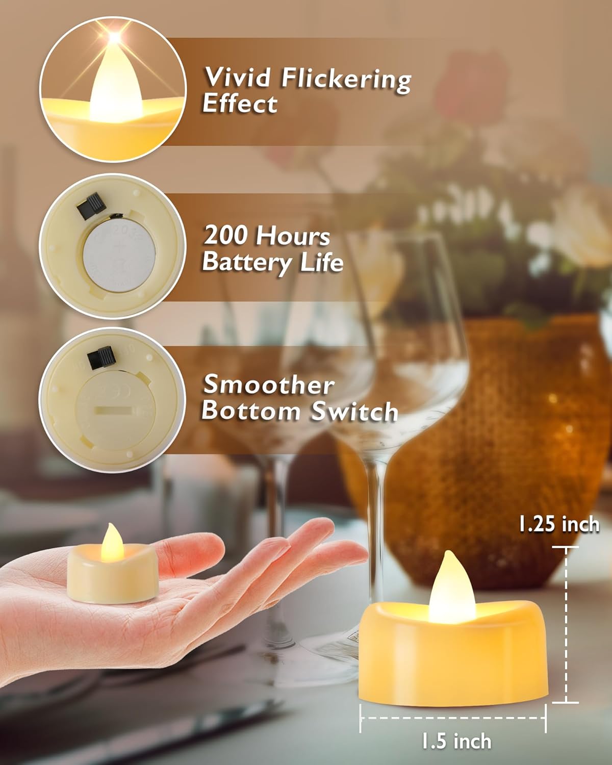 Raycare 24 Pack LED Tea Lights Battery Operated, 200+Hour Flickering Votive Candles, Realistic Fake Flameless TeaLights for Wedding Party Halloween Thanksgiving Christmas Decorations,Ivory Base