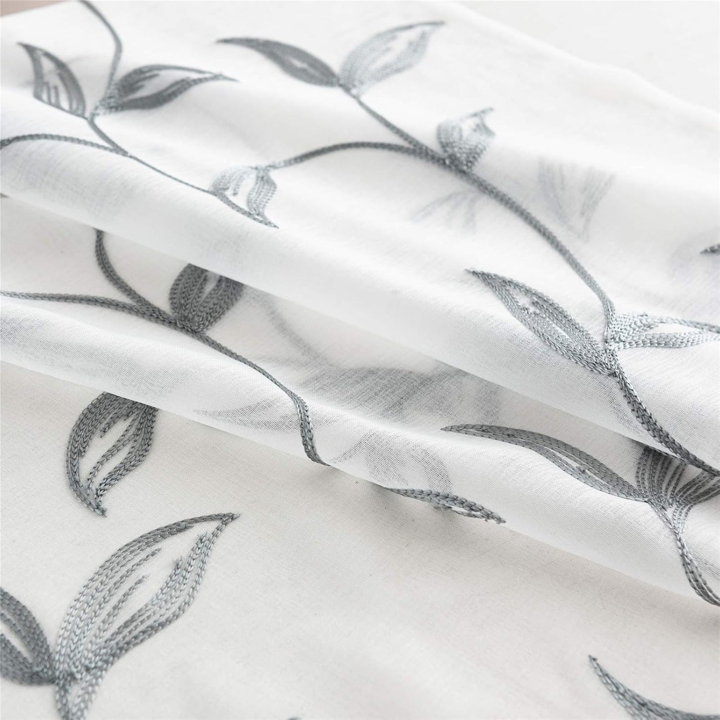 VISIONTEX Sheer Curtains 95 Inch Length 2 Panels, Decor Iron Grey Vine Leaves Embroidery on White Voile Pair, Accent Semi Window Drapes for Kitchen, Living Room and Bedroom, 54" W x 95" L