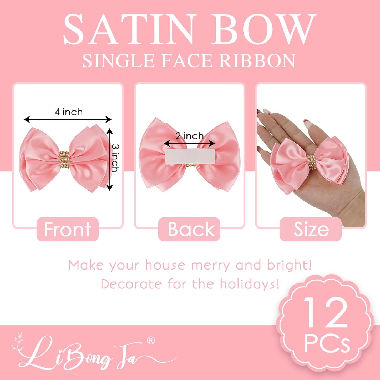 Pink Ribbon Bow 4'' Premade Pink Satin Bow, Gift Bows with Rhinestone, Wrapping Bows for Presents, Greeting Cards, Treat Bags, Wine Bottles, Pink Valentines Bows for Gift Wrapping-12 Counts