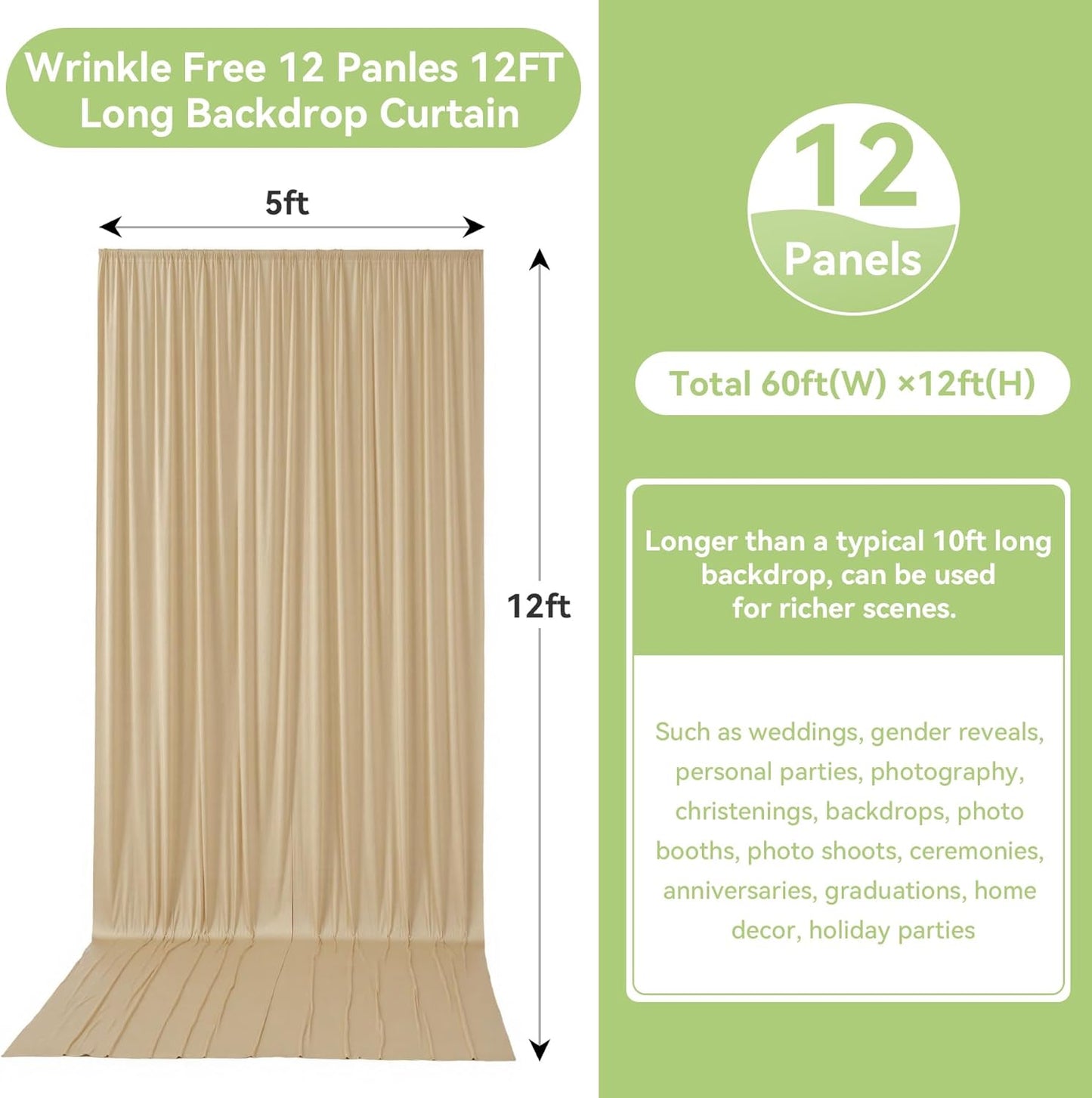60ftx12ft Wrinkle Free Beige Backdrop Curtain, 12 Panels 12FT Height Beige Wedding Backdrop Drapes, Silky Polyester Back Drop Cloth for Birthday Photography Background Party Backdrop Draping
