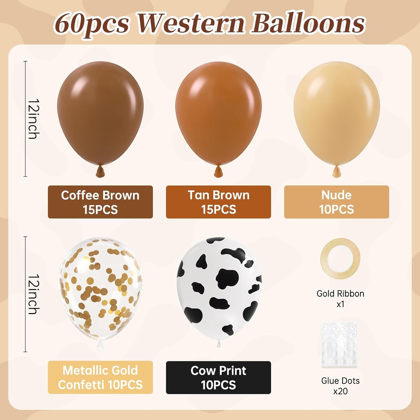 Brown Western Balloons, Brown Nude Gold Confetti Cow Print Latex Cowboy Balloons for Farm Cowboy Western Baby Shower Birthday Party Decorations