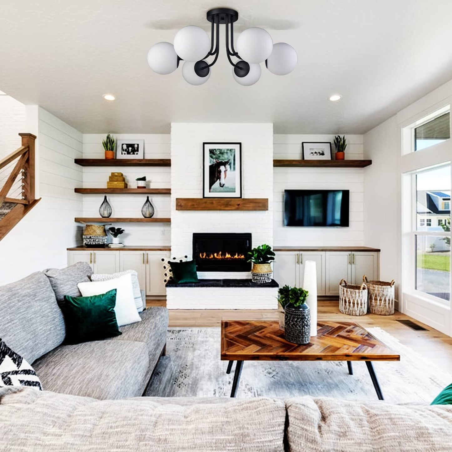 Modern 6-Light Black Metal Semi Flush Mount Ceiling Light With Globe White Glass Shade for Living Room Bedroom - Sputnik Chandelier Light Fixture