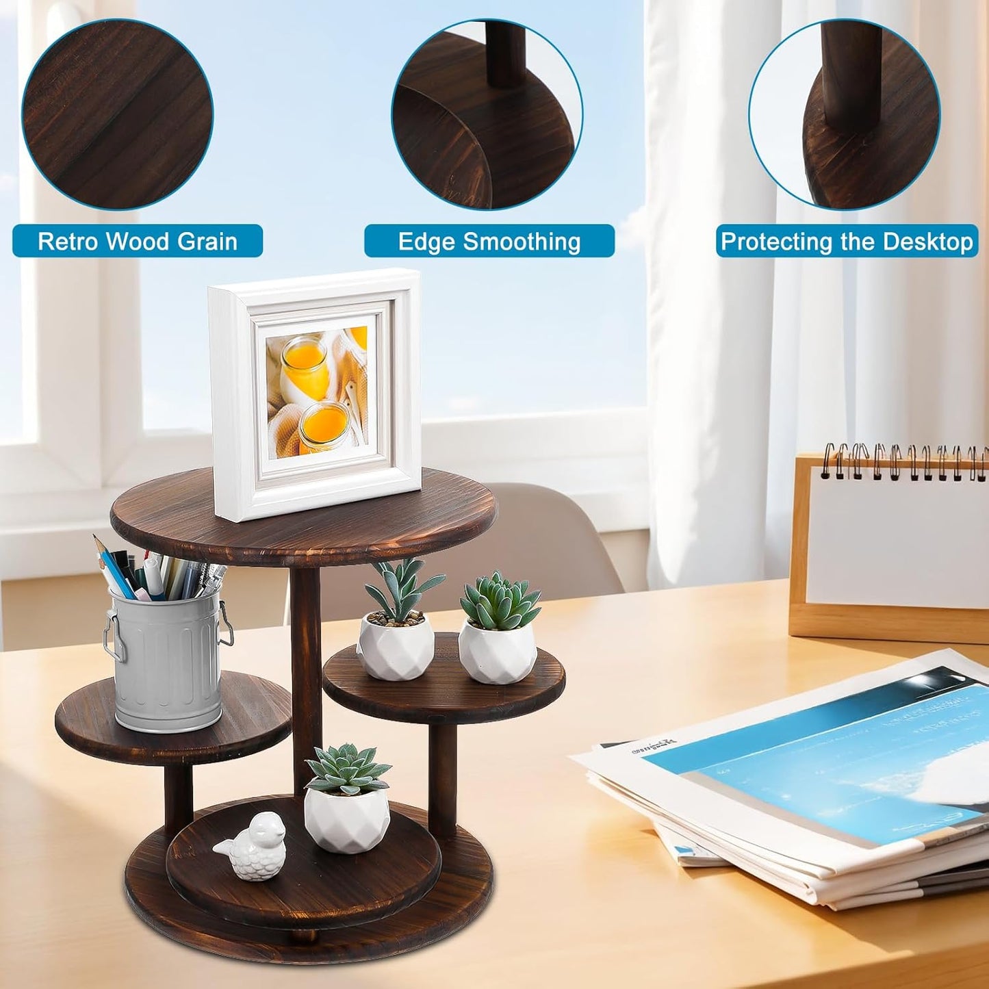 4 Tier Round Cupcake Tower Stand, Wooden Rotatable Cupcake Stand for 50 Cupcakes 360° Whirling Large Dessert Display Tiered Rustic Cake Tower for Wedding Birthday Graduation Baby Shower Tea Party