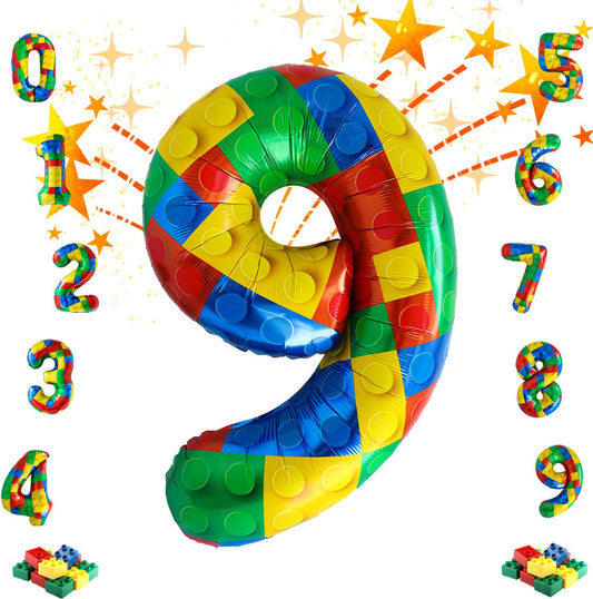 32 Inch Stackable Block Number Balloon – Colorful Brick Building Themed Big Helium Digits for Kids Birthday Party Decorations (Building Block, Number 9)