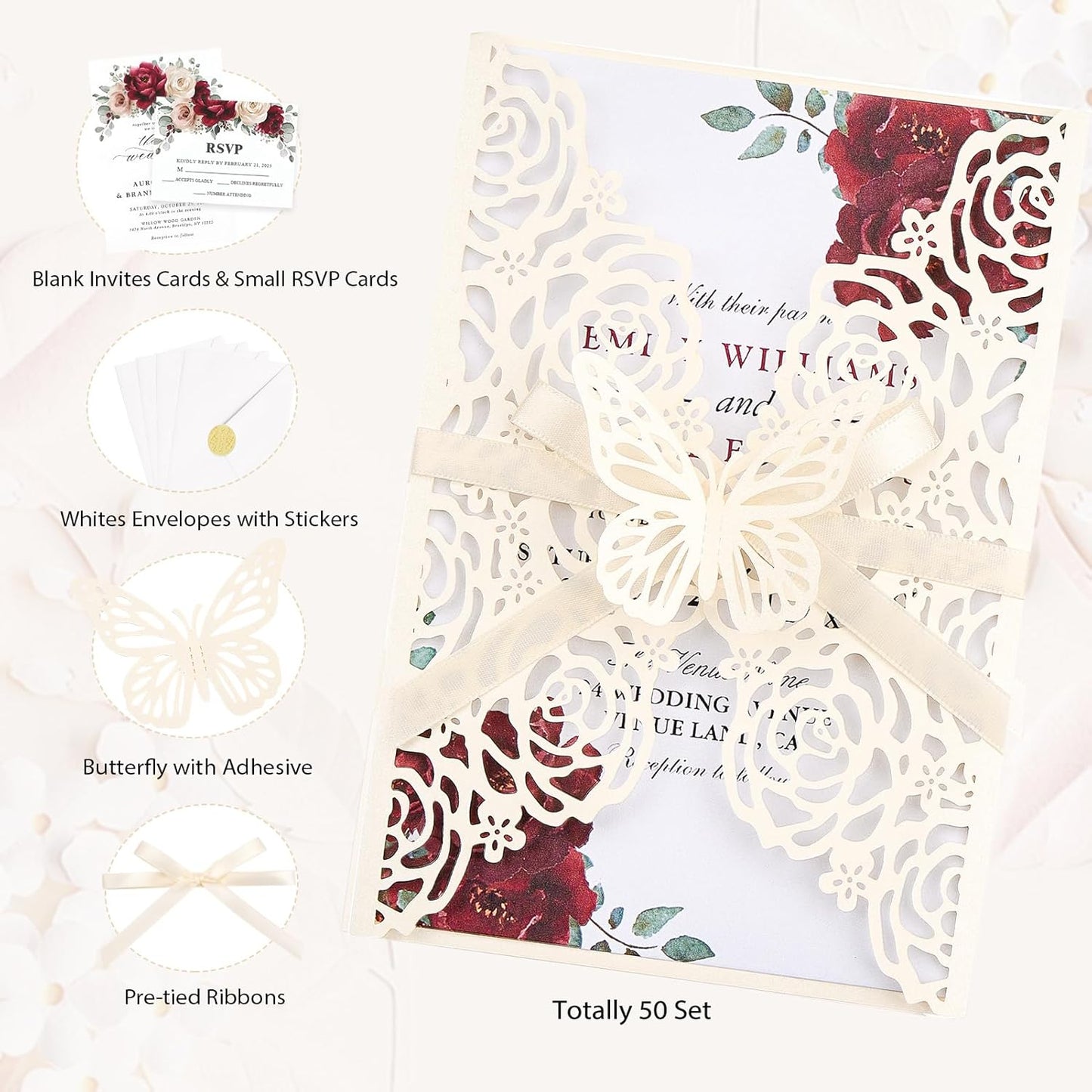 Wedding Invitations Ivory 50 Pack - Butterfly Laser Cut Invitation Sleeves with Blank 250GSM Pearlescent Paper Insert Make Your Own Party Invitations Wedding Quinceanera Bride Shower