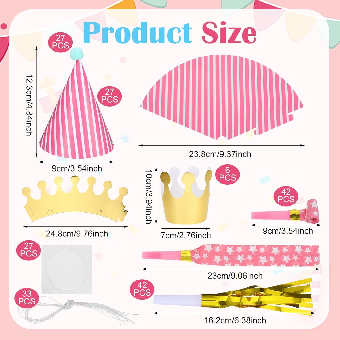 117 Pcs Birthday Party Cone Hats Muti-Color Birthday Cone Headwear Kids Cute Party Hat with Dragon Tassel Noise Makers Whistles Pom Poms Elastic Cord for Kids Baby Shower Costumes Supplies