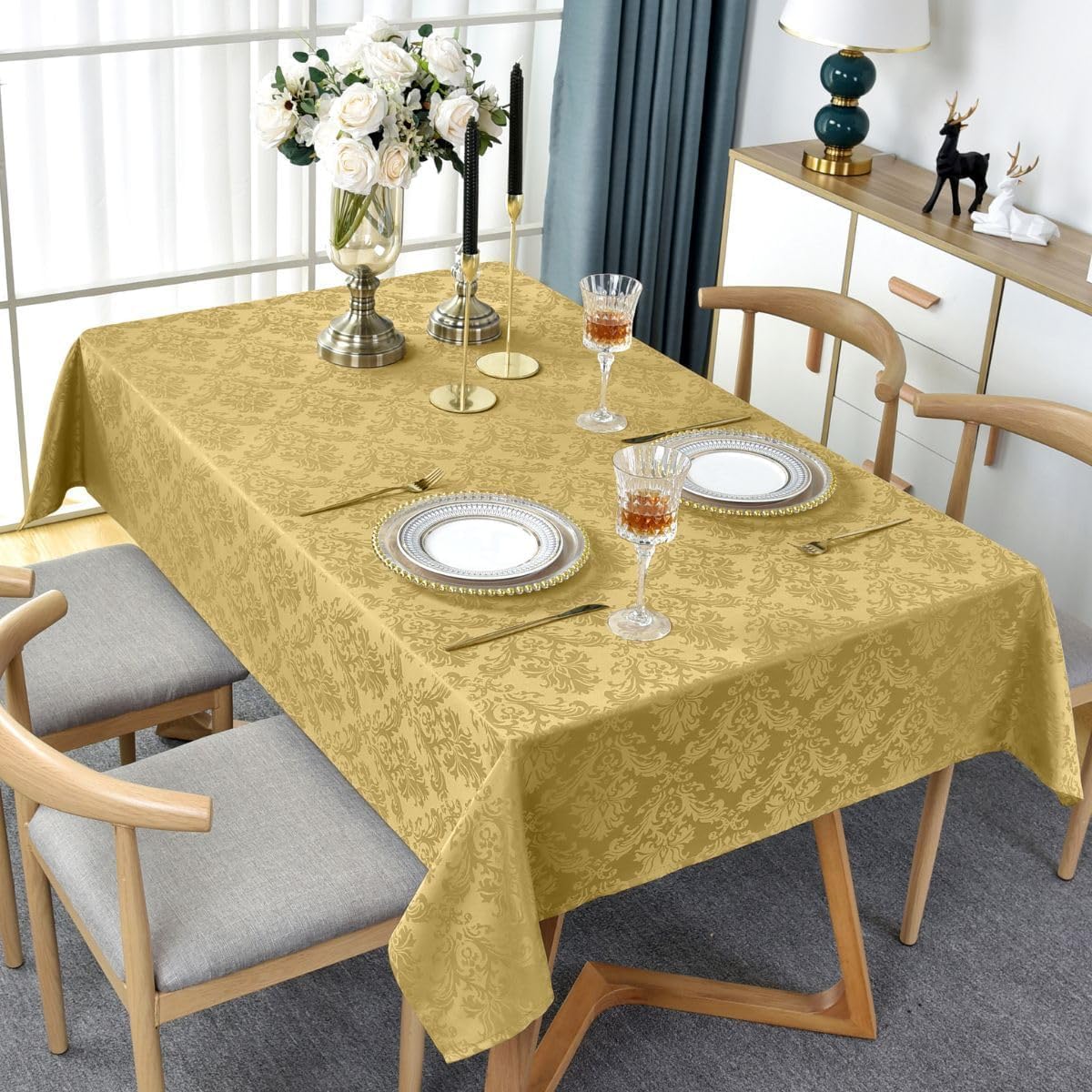 SASTYBALE Square Jacquard Tablecloth - 52x 52 Inch Spill Proof Wrinkle Resistant Damask Table Cloth, Soft Polyester Table Cover for Kitchen Parties Farmhouse, Gold