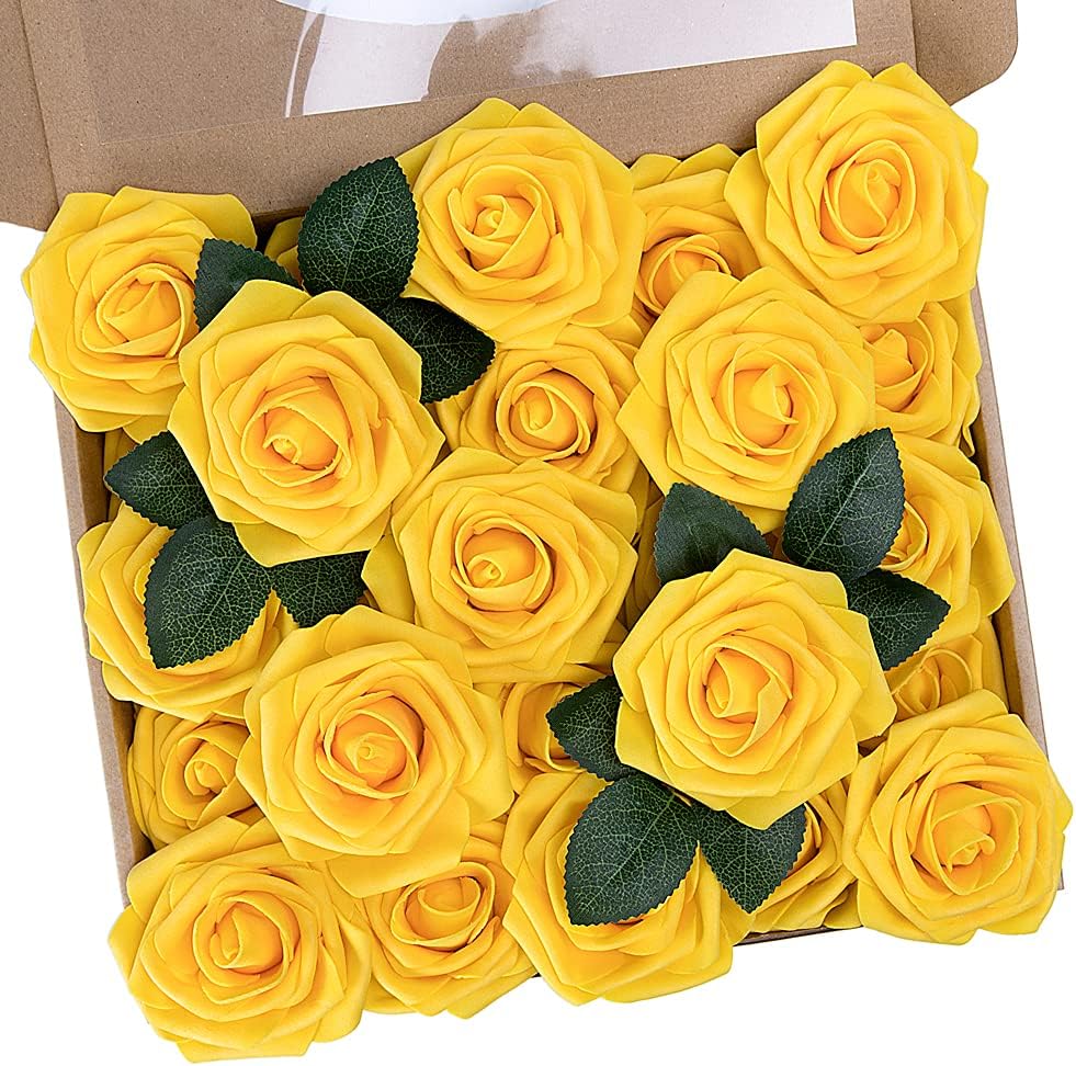 N&T NIETING Artificial Flowers, 25Pcs Fake Flowers Fall Roses Perfect for DIY Wedding Bouquets Centerpieces Bridal Shower Party Home Flower Arrangement Decorations, Gold
