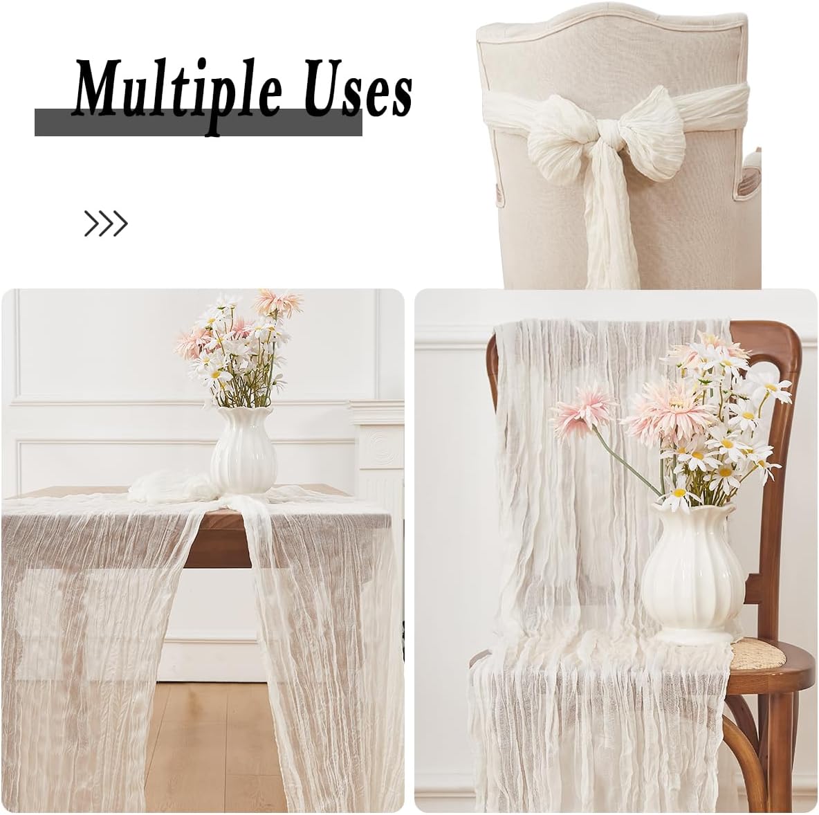 White 12 Pack Cheesecloth Table Runner 120 Inch 10 FT Boho Rustic Gauze for Wedding Baby Shower Party Farmhouse Summer Home Decor Washable