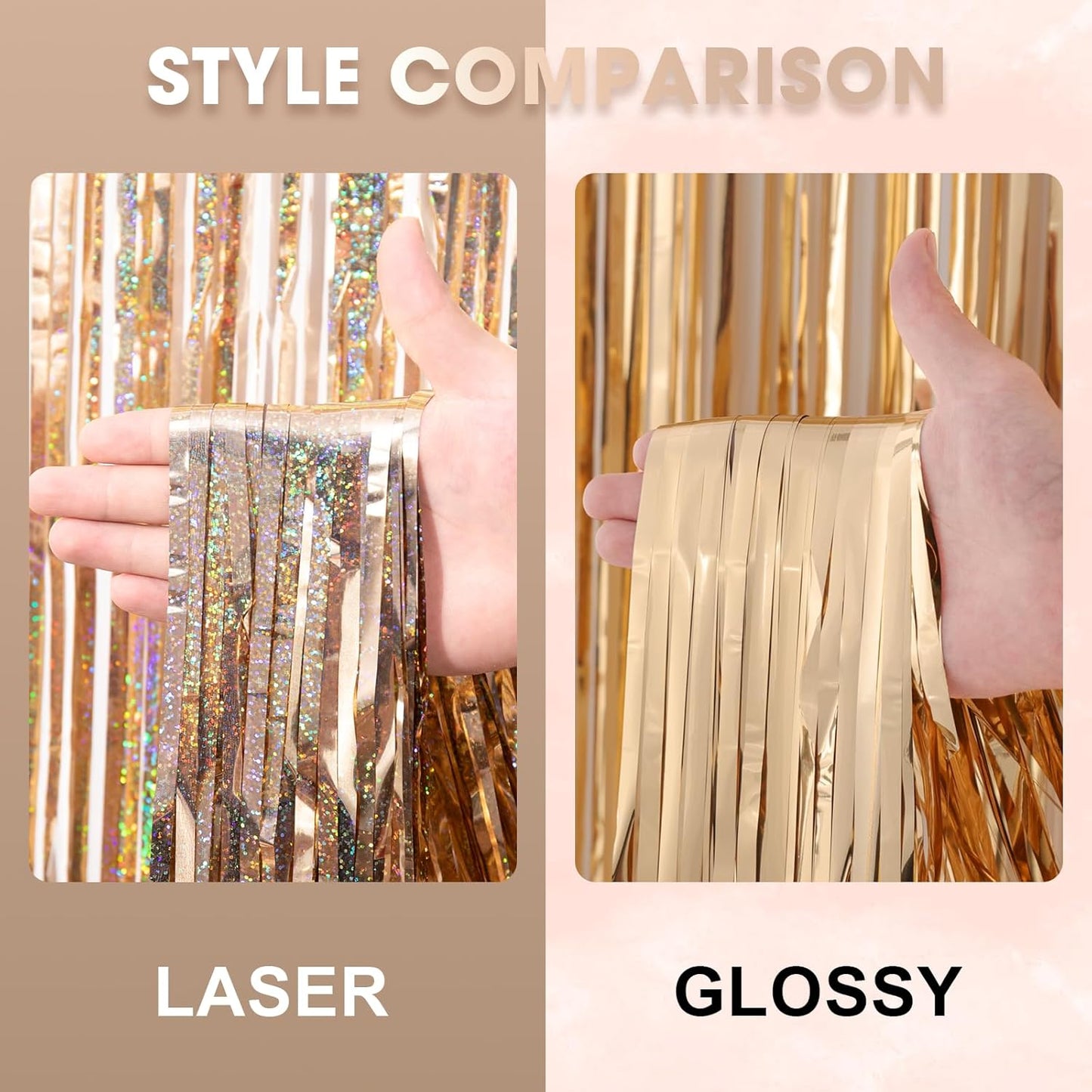 3 Pack 3.3 x 8.2 ft Laser Champagne Foil Fringe Backdrop Curtains, Tinsel Streamers Birthday Party Decorations, Fringe Backdrop for Graduation, Baby Shower, Gender Reveal, Disco Party