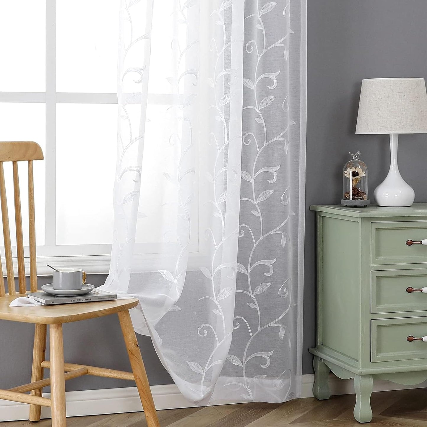 VISIONTEX Sheer Curtains 120 inch Length 2 Panels Set, White Voile Crushed Vine Leaves Embroidery, Rod Pocket Embroidered Window Drapes for Living Room and Bedroom, 54" x 120"