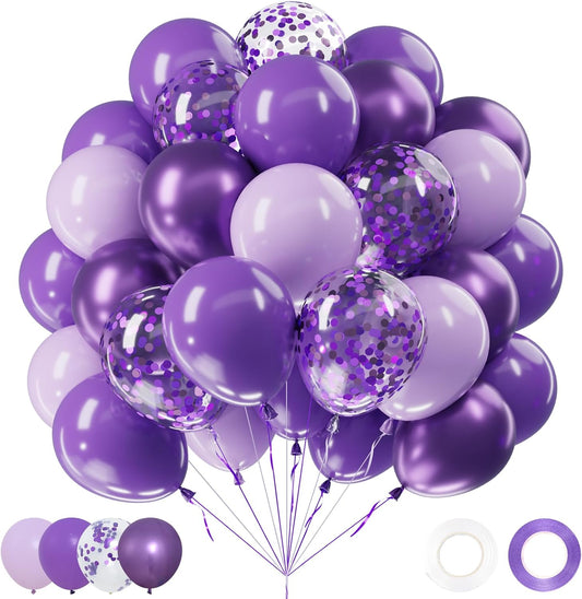 Netnology Purple Balloons Set, 60Pcs 12 Inch Lavender Purple Lilac Confetti Metallic Balloon Kit for Birthday Baby Shower Bridal Shower Wedding Graduation Party Decorations