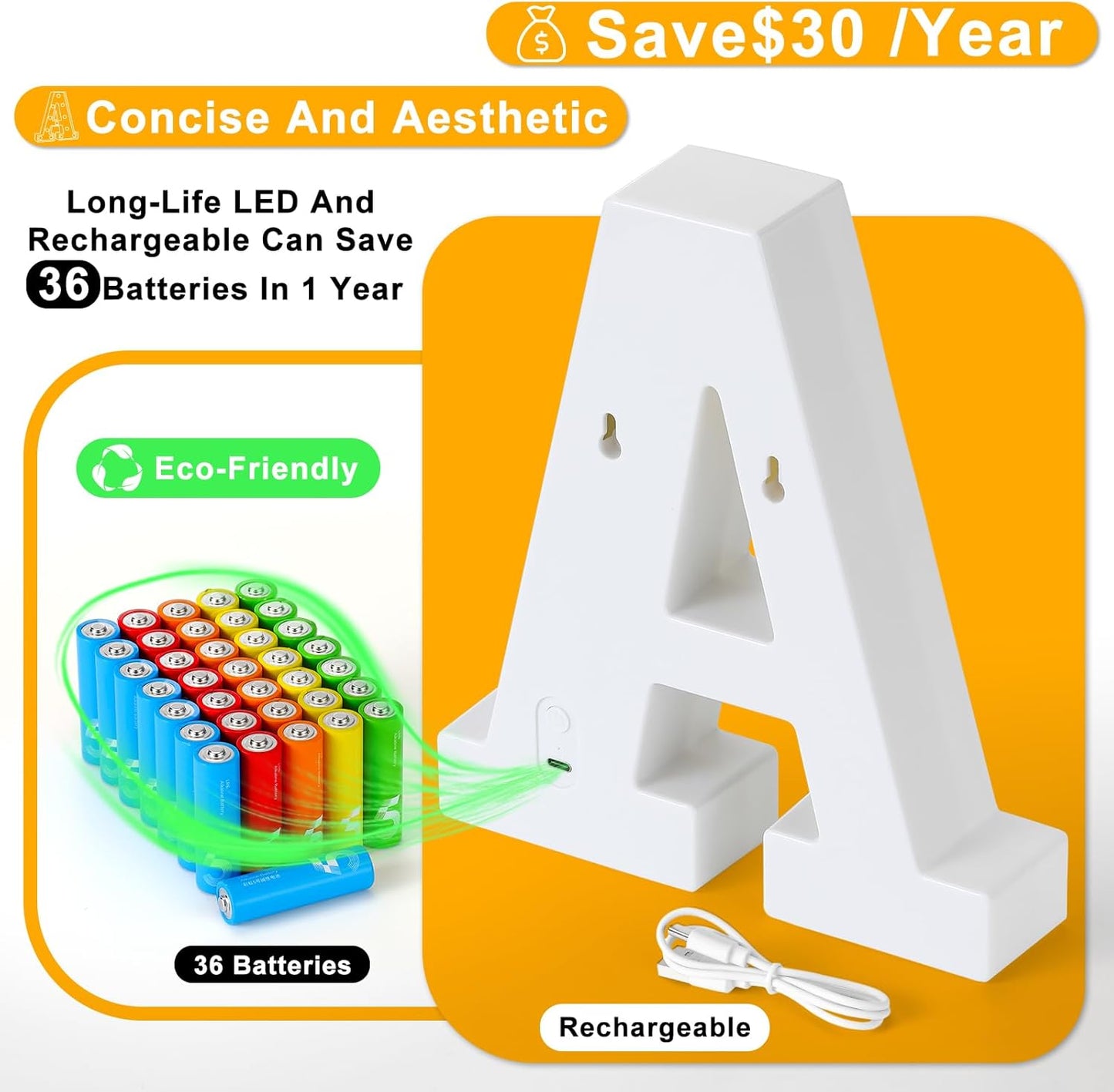 Foaky Rechargeable LED Letter Lights Sign Marquee Light Up Letters Sign for Night Light Wedding/Birthday Party Christmas Lamp Home Bar Decoration (L)