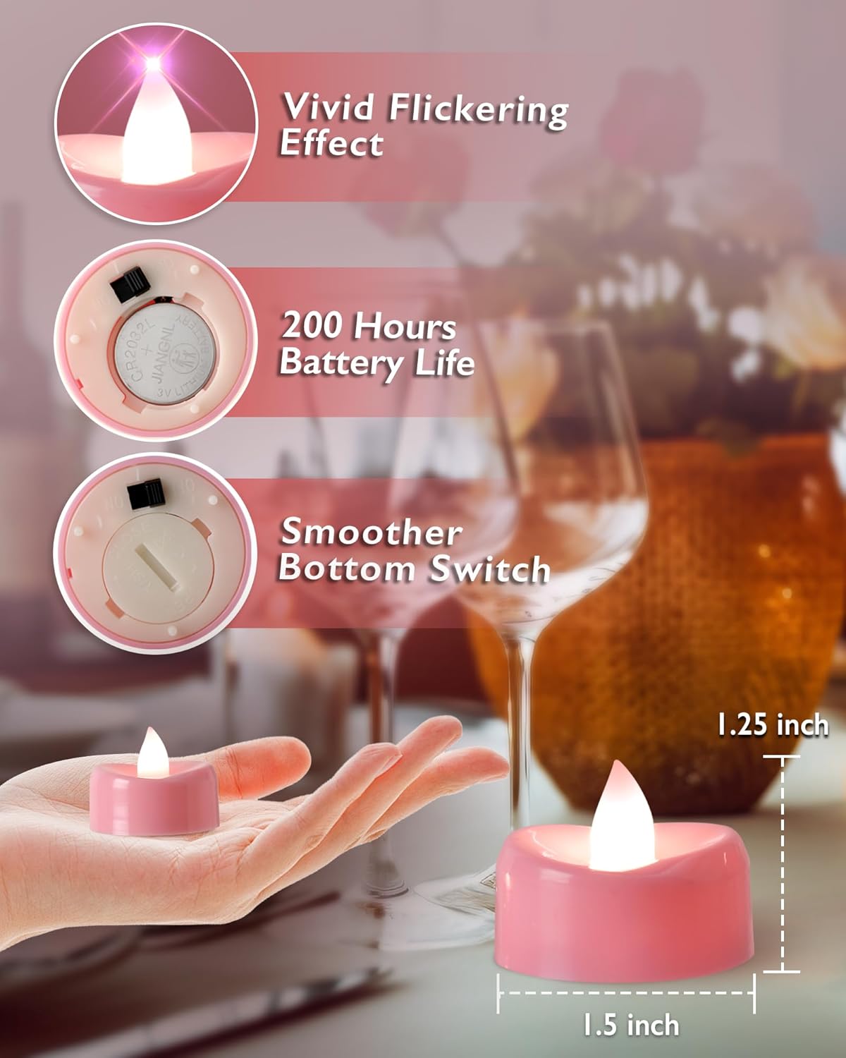 Raycare Pink LED Tea Lights Battery Operated, 200+Hour Flickering Votive Candles,Realistic Fake Flameless Tea Lights for Wedding Party Halloween Thanksgiving Christmas Decorations, 24 Pack