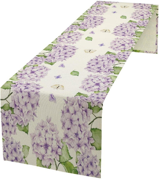 Watercolor Hydrangea Flower Table Runner, Spring Summer Seasonal Plants Butterfly Pink Lavender Dinner Runner for Home Kitchen Dining Table Party Holiday Decoration 13"x108"