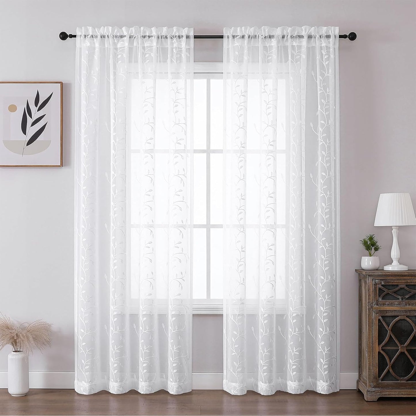 VISIONTEX White Sheer Voile Curtains, Decorative Leaves Embroidery Faux Linen Rod Pocket Window Drapes for Home Kitchen, Living Room and Bedroom 54 x 72 Inch, Set of 2 Curtain Panels