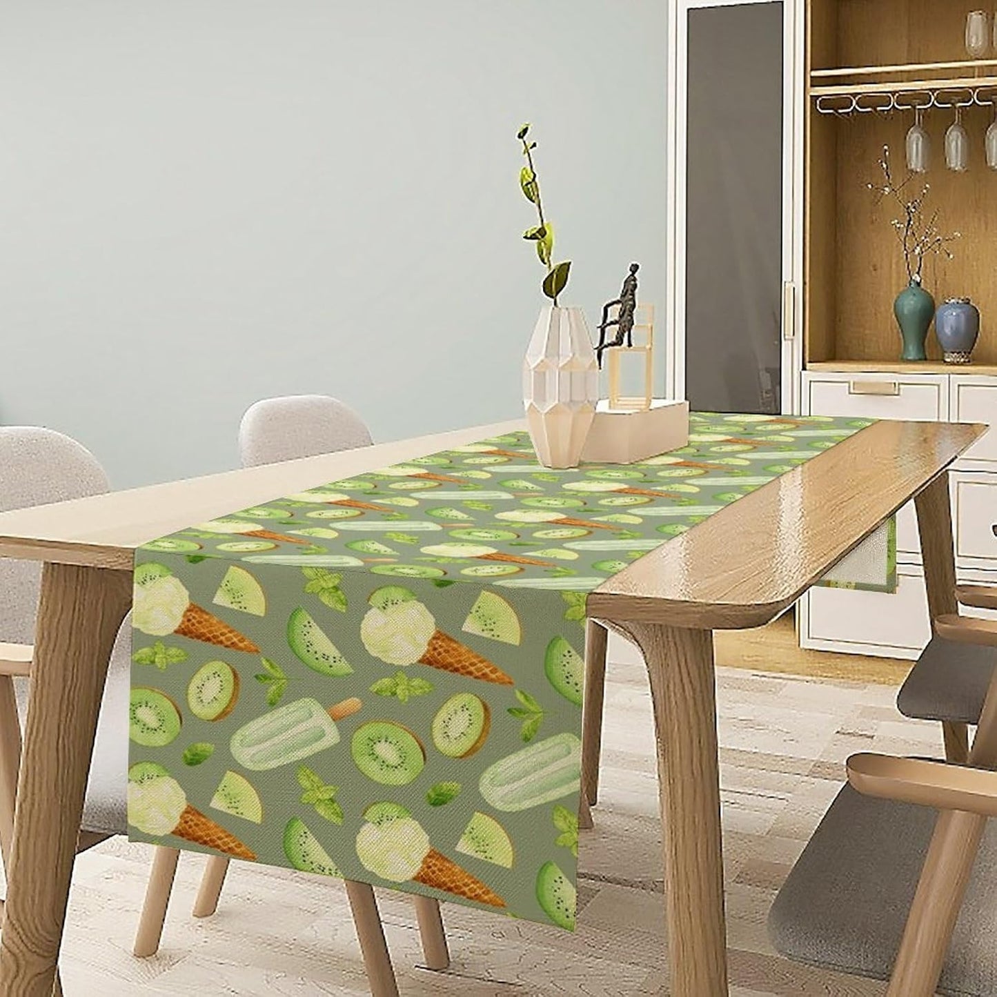 Summer Ice Cream Popsicles Table Runner, Watercolor Green Kiwi Seasonal Fruit Sweet Dessert Dinner Runner for Party Holiday Home Kitchen Dining Table Decor 13"x36"