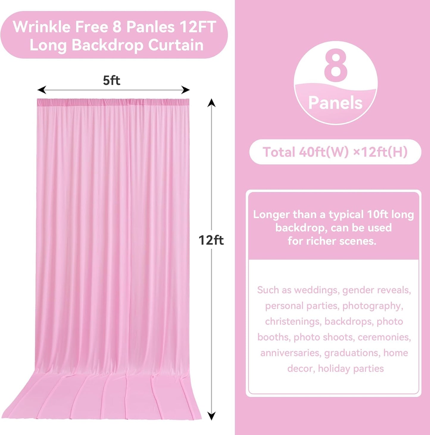 40ftx12ft Wrinkle Free Pink Backdrop Curtain, 8 Panels 12FT Height Pink Wedding Backdrop Drapes, Silky Polyester Back Drop Cloth for Birthday Photography Background Party Backdrop Draping