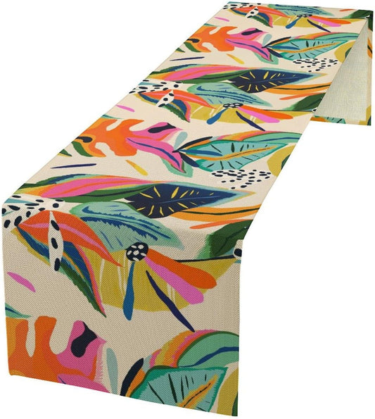 Colorful Flower Table Runner,Abstract Flower Blossom Botanical Pattern Print Tablecloth Burlap for Hotel Indoors Outdoor Dining Room Kitchen Table Decor, 13x70in