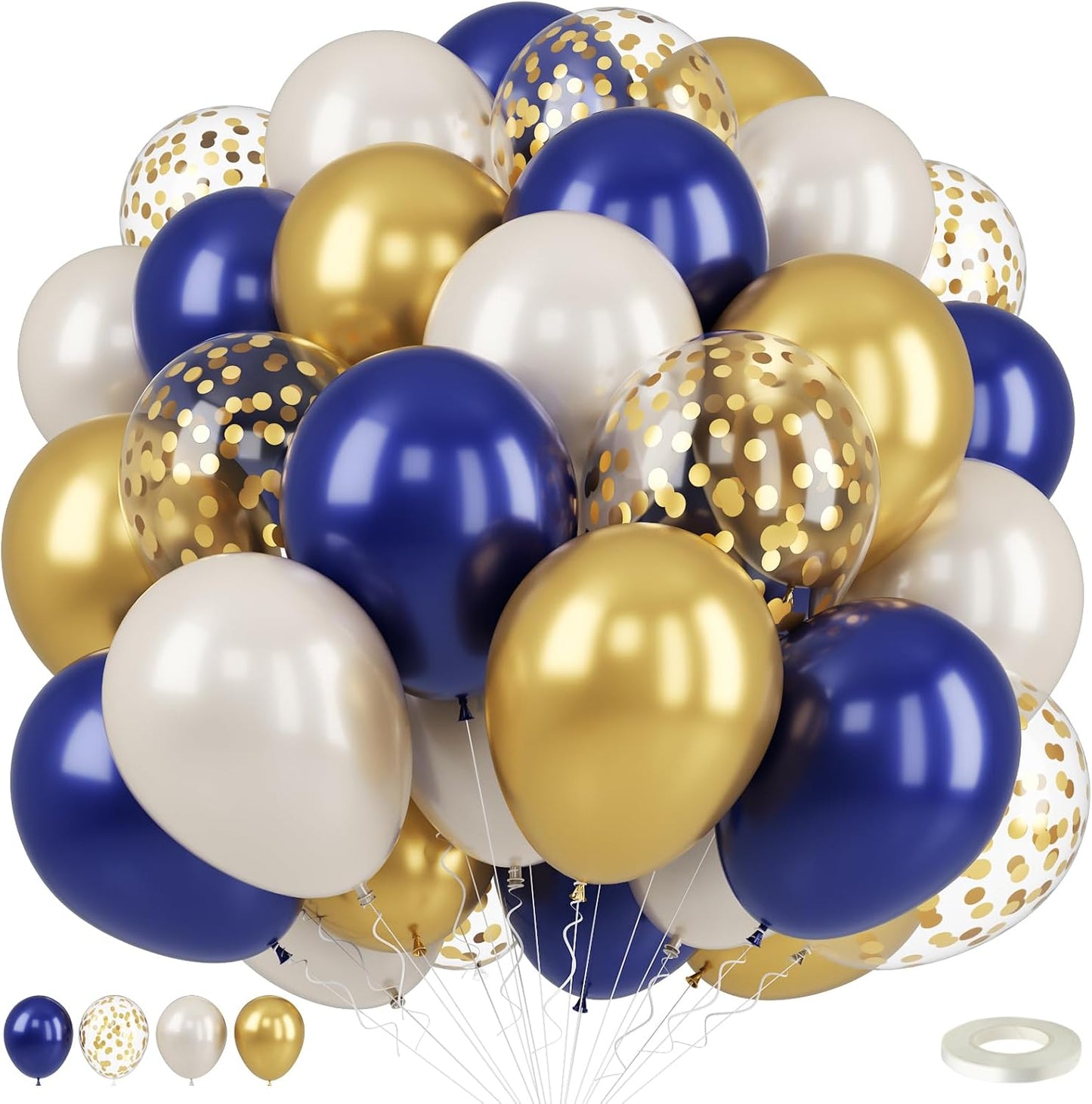 Navy Blue and Gold Balloons, 50pcs Pearl Navy Blue Double Stuffed Pearl White Sand Metallic Chrome Gold Confetti Balloons 12 Inch for Birthday New Year Anniversary Graduation Party Decorations