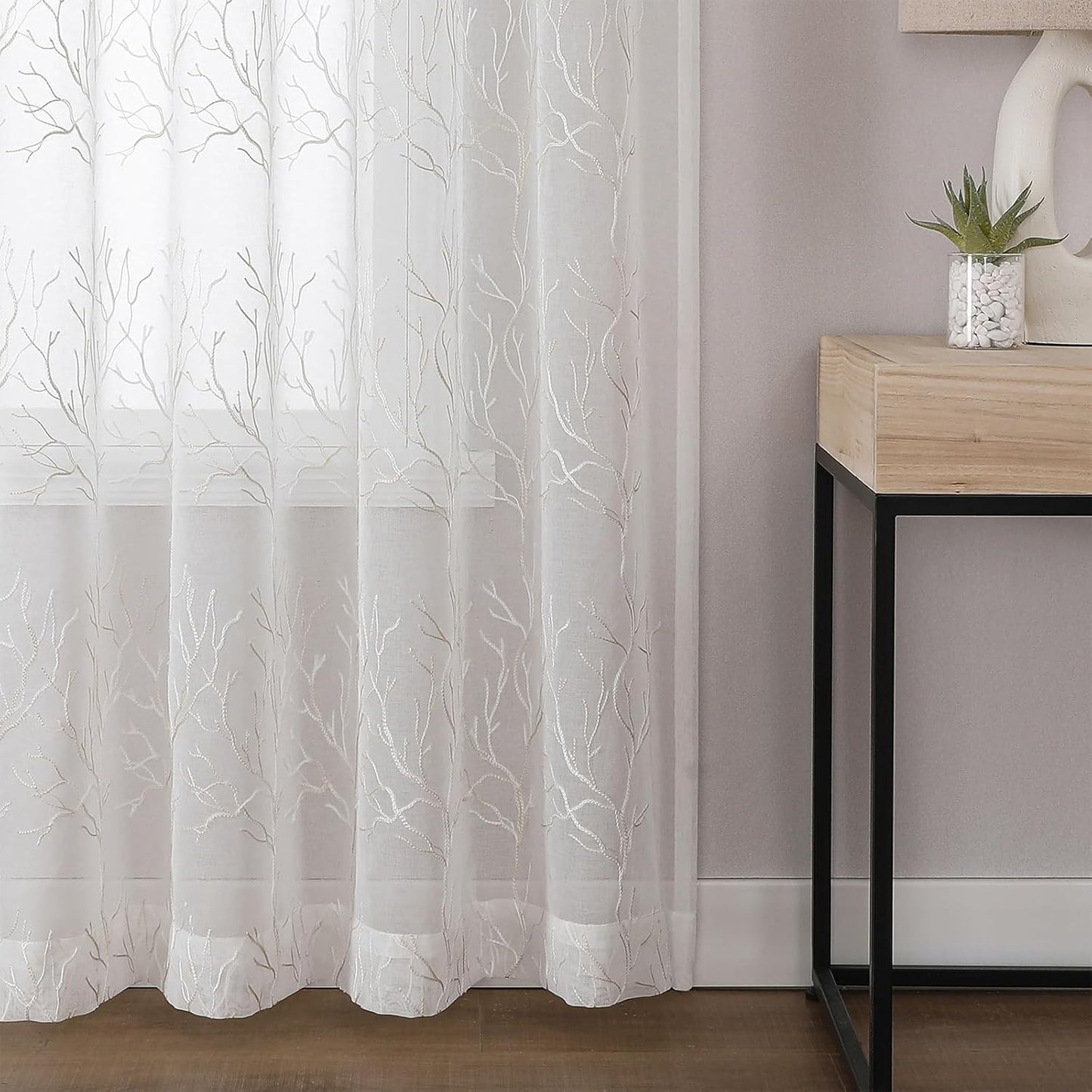 VISIONTEX Sheer Curtains 72 inch Length 2 Panels Set, Decorative Beige Coral Embroidery, Rod Pocket Embroidered Window Drapes for Living Room and Bedroom, 54" x 72"