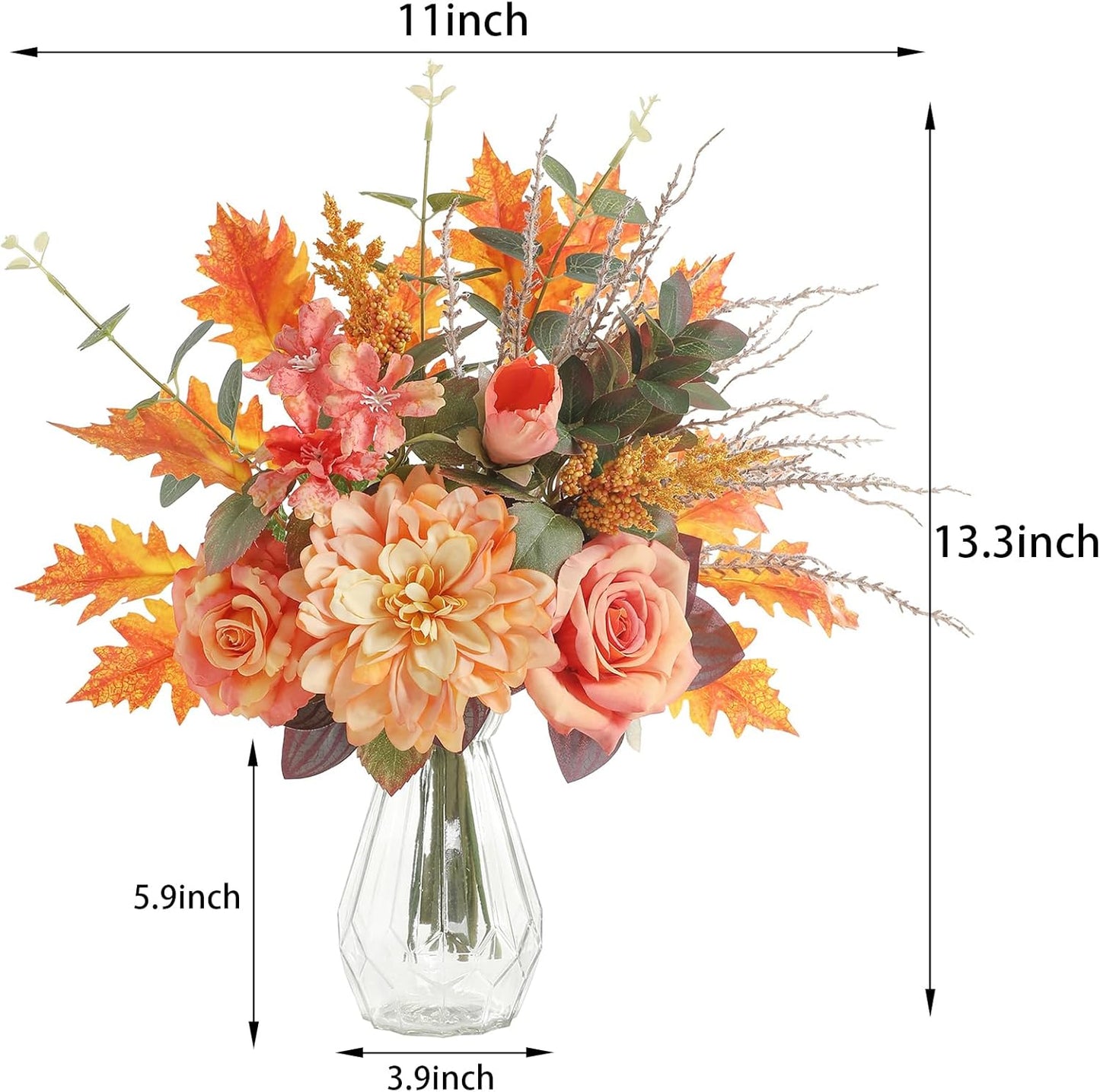 Artificial Flowers with Vase,Orange Silk Roses and Fake Plant Eucalyptus in Vase,Faux Flower Arrangement with Vase Suitable for Home Office Decoration, Living Room and Dining Table Centerpiece