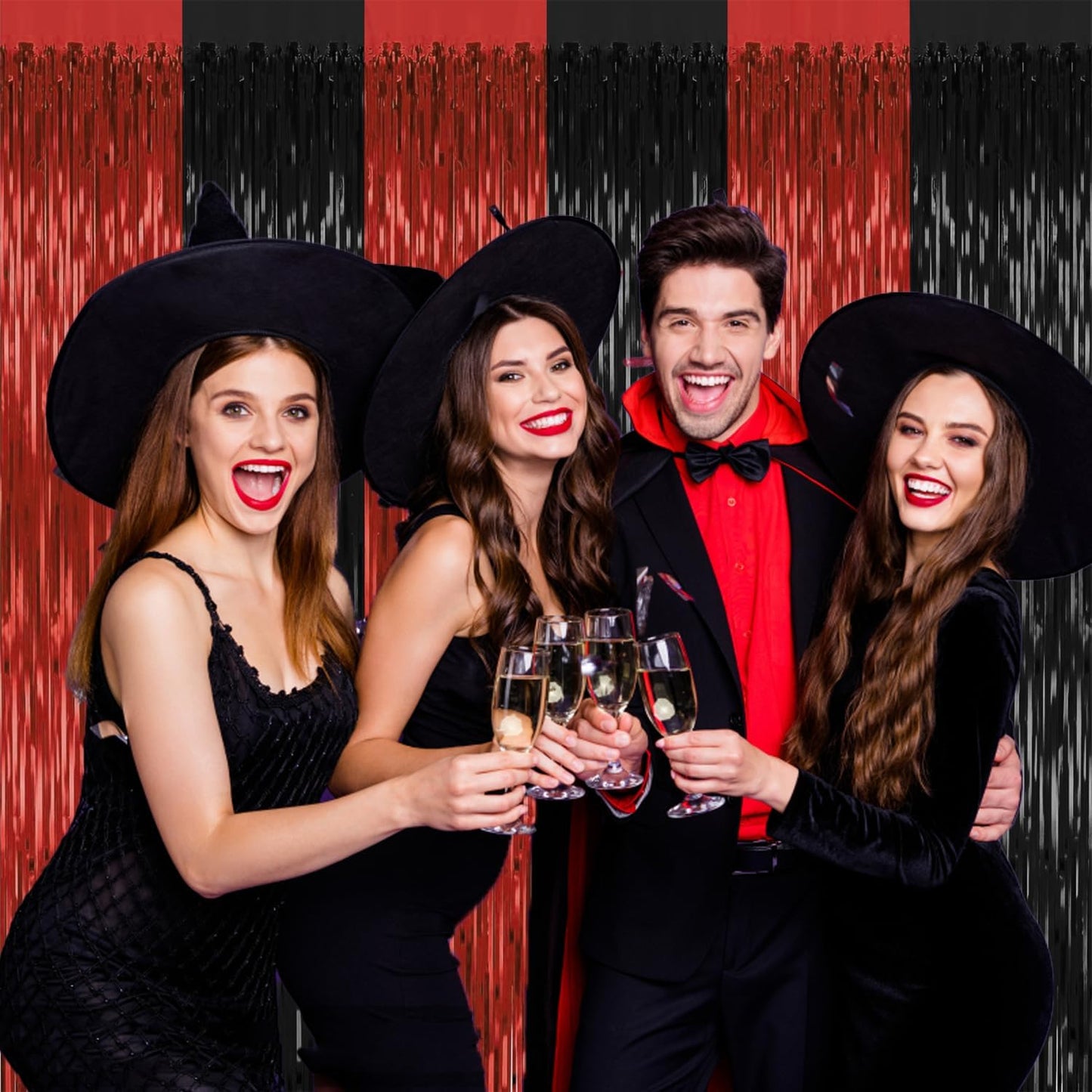 2 Pack Backdrop Curtains,3.28 Ft x 6.56 FT Red Black Halloween Backdrop,Metallic Party Streamer Tinsel Backdrop,Foil Curtains Backdrops Halloween Decorations Party Supplies