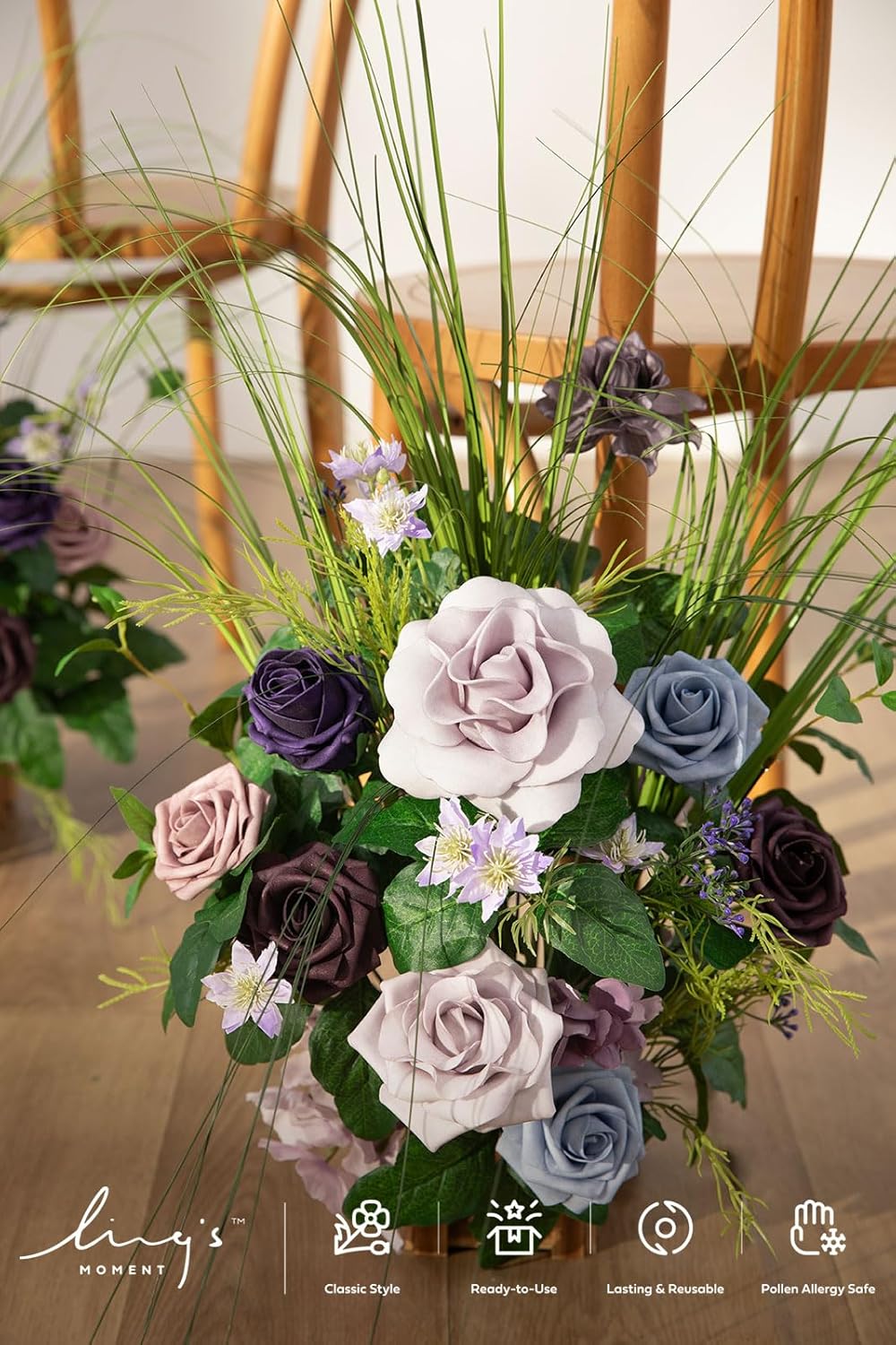 Ling's moment 17.5" Tall Standing Artificial Flowers Arrangements 4 pcs Wedding Aisle Runner Chair Decorations Provence Blue & Purple Centerpieces for Ceremony Reception Rose Floral Party Outdoor