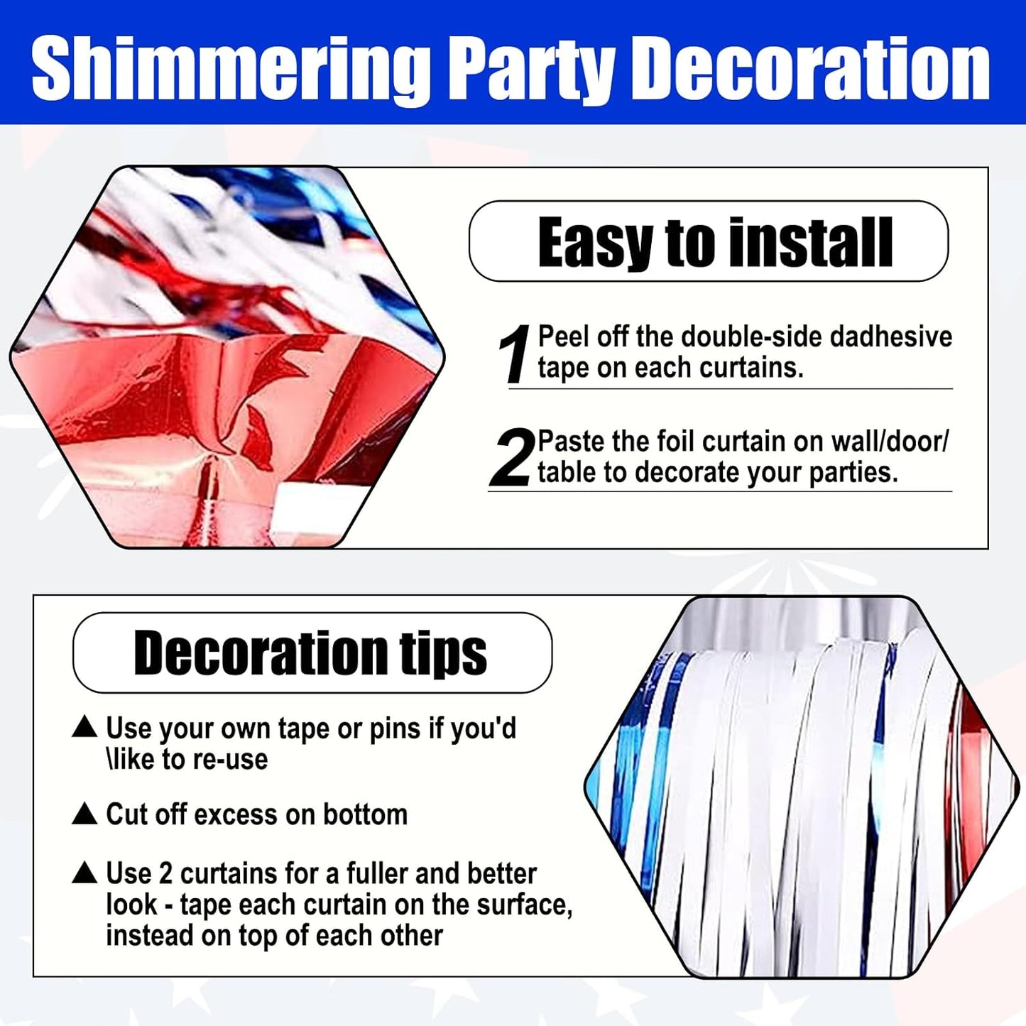 3 Pack White Blue Red Foil Fringe Curtain Backdrop, 3.28Ft x 8.2Ft Metallic Tinsel Foil Fringe Streamer Curtains for Photo Booth, Mother's Day, Easter, Birthday, Wedding Party Decorations