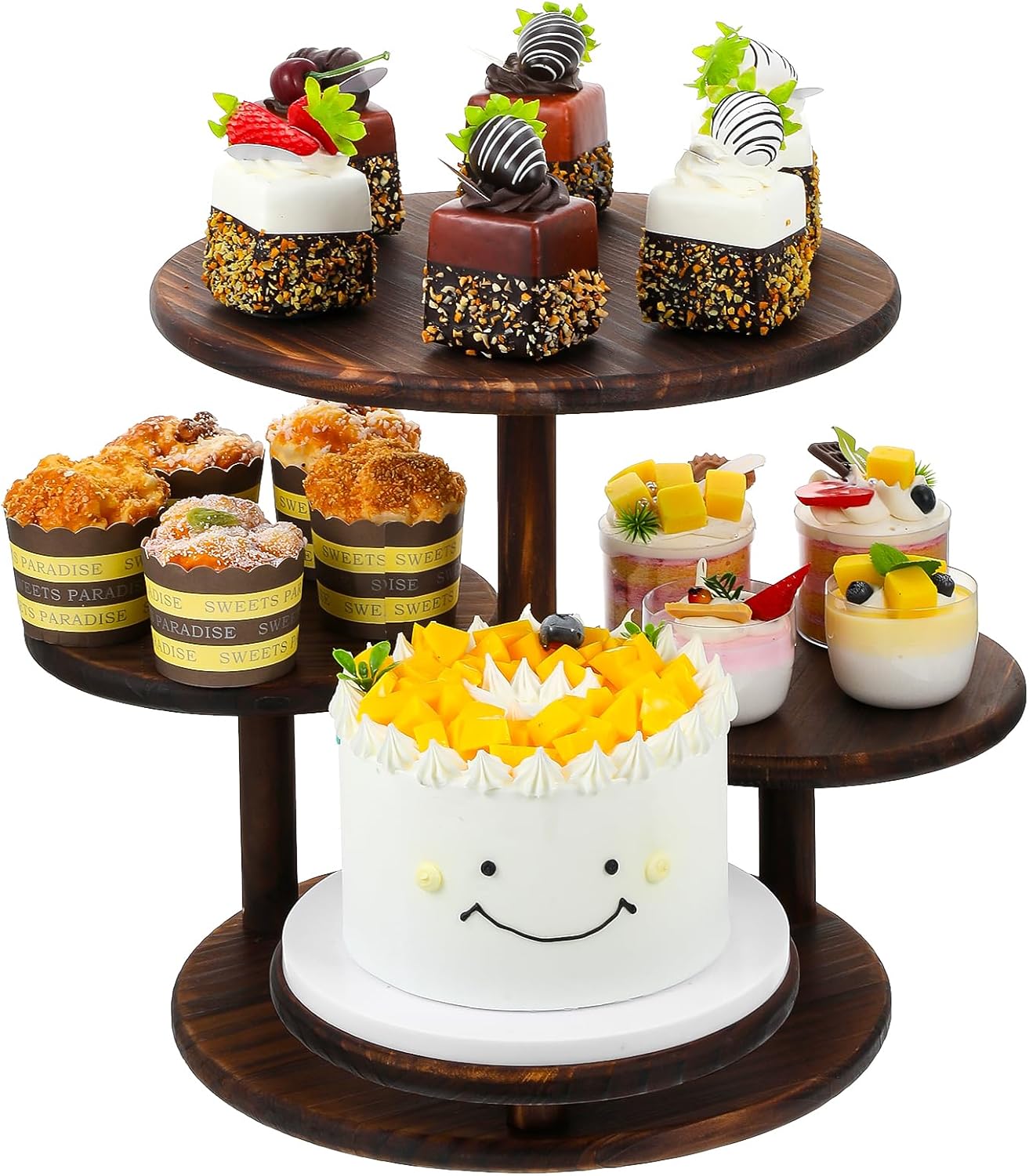 4 Tier Round Cupcake Tower Stand, Wooden Rotatable Cupcake Stand for 50 Cupcakes 360° Whirling Large Dessert Display Tiered Rustic Cake Tower for Wedding Birthday Graduation Baby Shower Tea Party