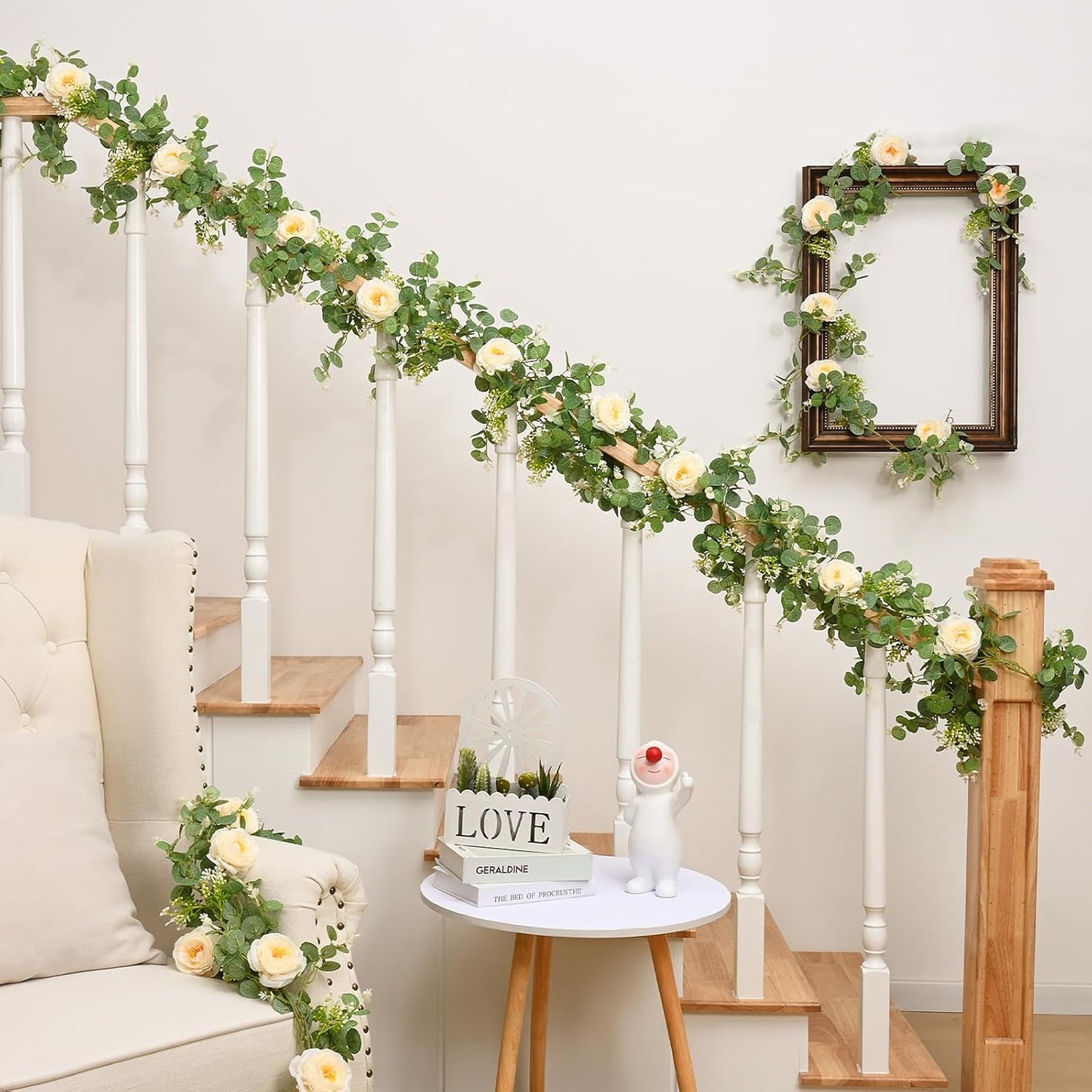 Dolicer 4Pcs 26Ft Artificial Eucalyptus Garlands with Flowers, Faux Floral Greenery Garlands Fake Flowers Vines for Wedding Centerpieces Arch Party Ceremony Backdrop Decor (Champagne)