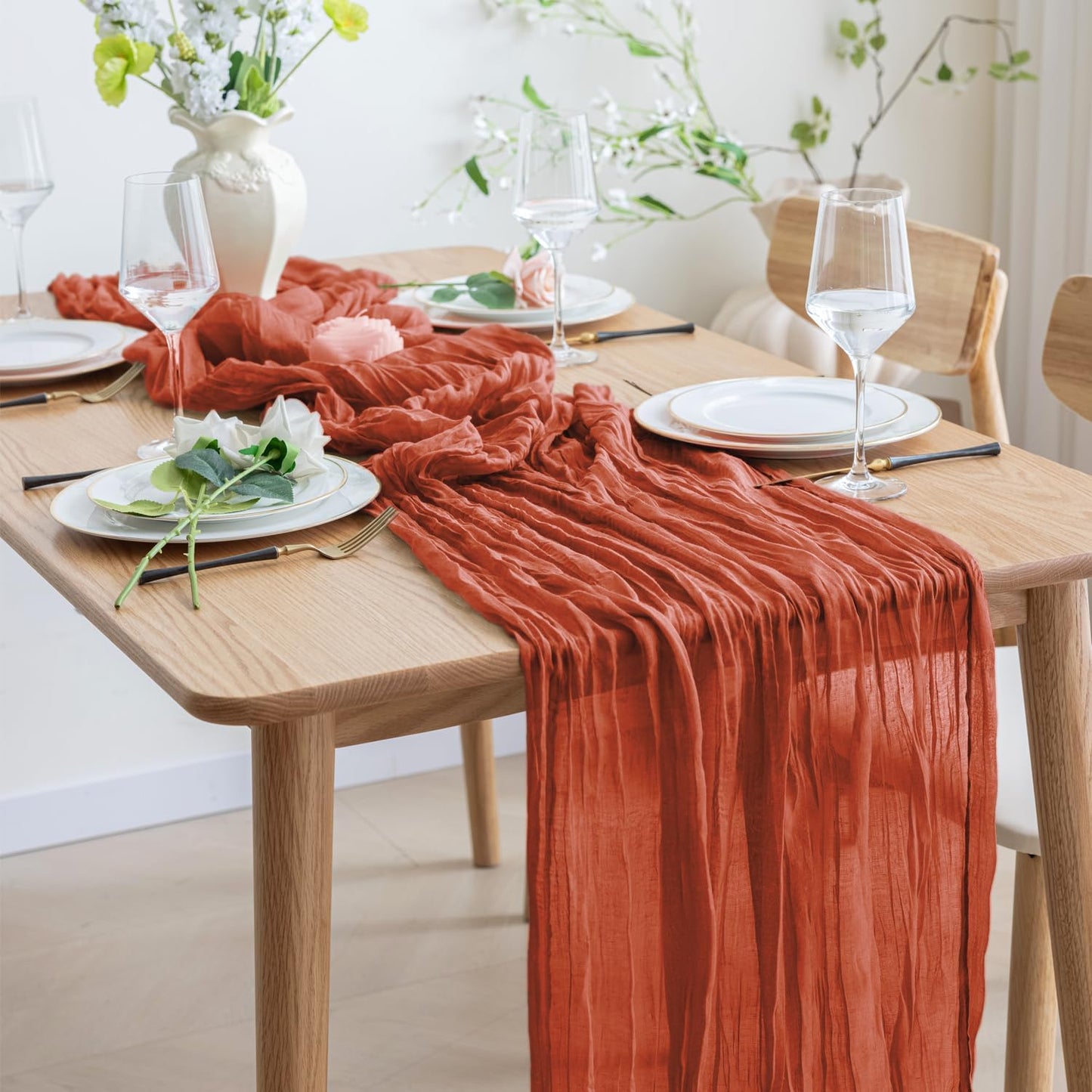 Asee'm 12pcs Cheesecloth Table Runner 120 Inches Long Terracotta Boho Gauze Cheese Cloth Runner 10FT Rustic Sheer Fall Table Runners for Thanksgiving Christmas Wedding Party Baby Shower Decoration