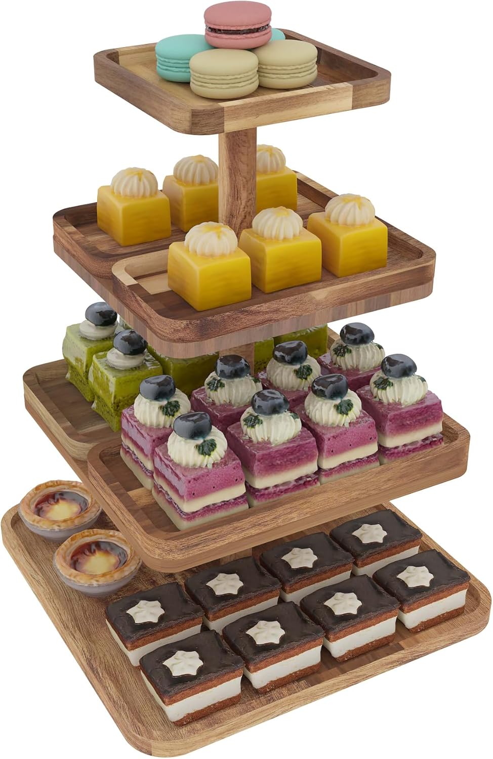 Acacia Wood 4 Tier Cupcake Stand with 4 Removable Snack Tray, Rustic Square Cup Cake Tower Stand for 50 Cupcakes, Display Cakestand for Wedding, Birthday, Serving Tea Party, Natural