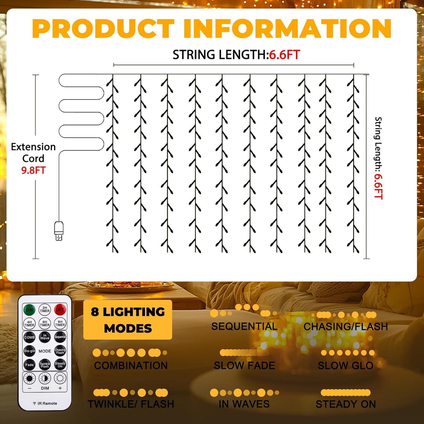 Curtain Light for Bedroom, 200LED 6.6x6.6ft Warm White Window Wall Hanging Fairy Curtain String Light, 8 Modes Remote Fairy String Lights Indoor for Wedding Party Home Garden Decorations