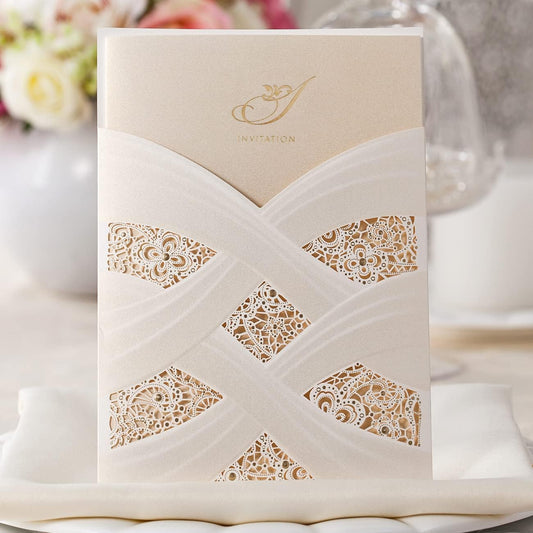 Hosmsua 5.12x7.2 50PCS Blank Wedding Invitations Kit Laser Cut light Gold Hollow Foil Flora Lace Sleeve Pocket with Envelopes for Quinceanera Wedding Invitation