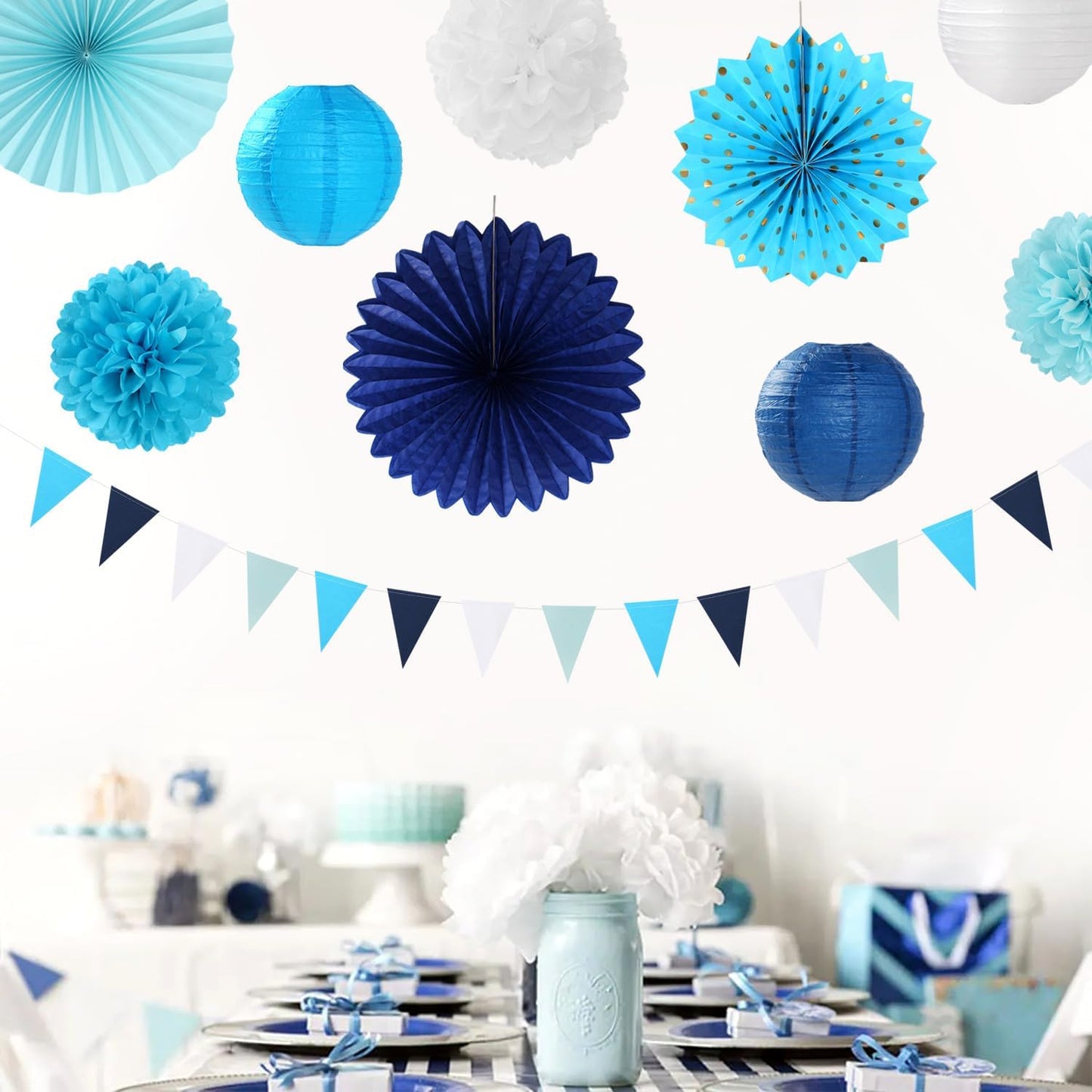 Light-Royal Navy-Blue White Party-Decorations - 20pcs Boy Baby Shower Paper Lanterns Fans,Tissue Pom Poms,Honeycomb Balls,Birthday Bachelorette Bridal Wedding Under The Sea Frozen Decor Burgleda
