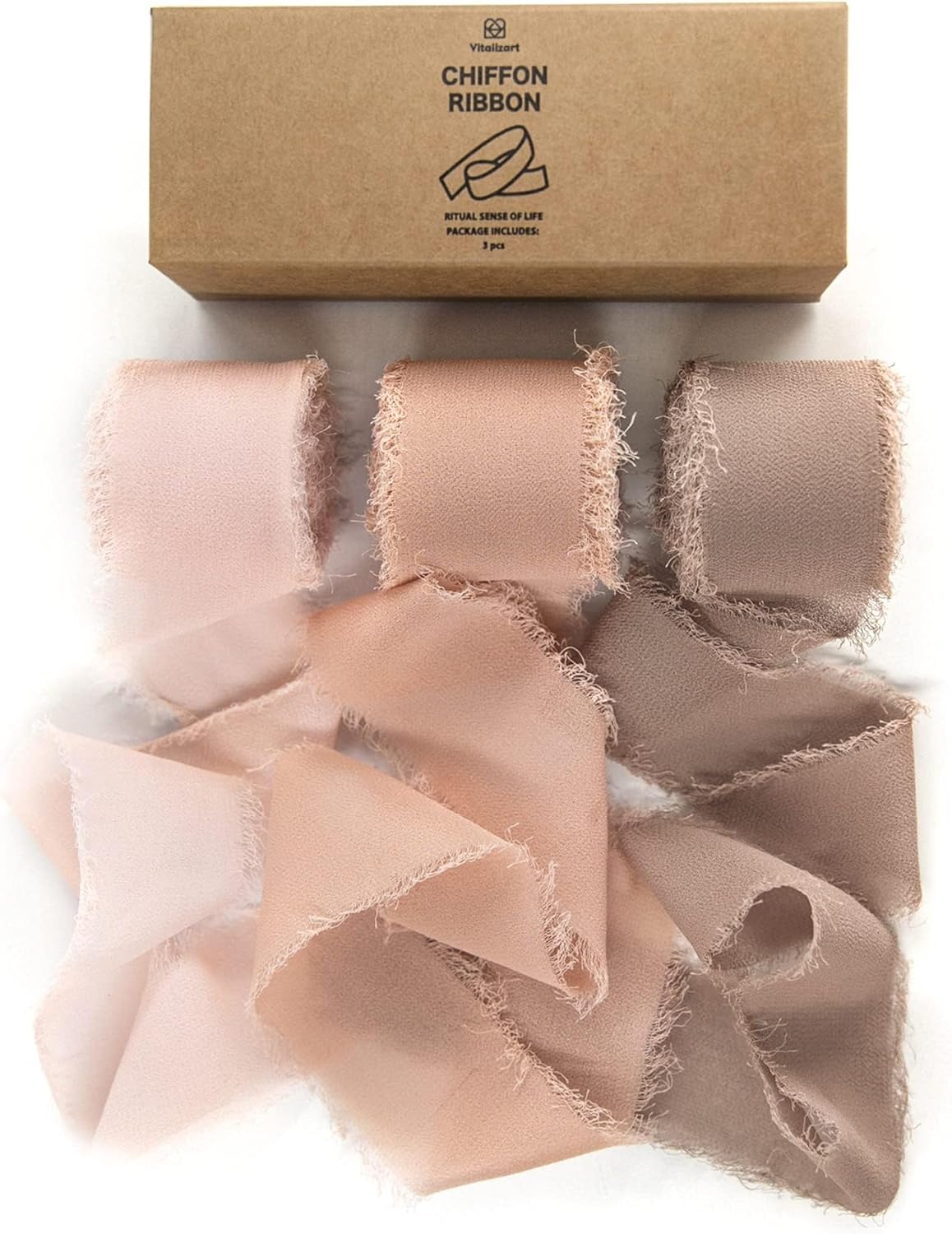 Vitalizart Dusty Rose Handmade Chiffon Silk Ribbon Fringe 1.5" x 21 Yd Frayed Edges Brown Ribbons for Wedding Invitations Bridal Bouquets Gifts Wrapping Crafts Holiday Party Decorations Nude Pink