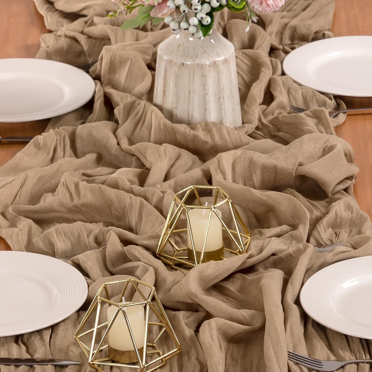 MLMW 10 Pack Fall Table Runner Boho Nude Brown Cheesecloth Table Runner Autumn Gauze Rustic Tan Cheese Cloth 160 inch 13.3ft for Thanksgiving Wedding Party Baby Bridal Shower Birthday