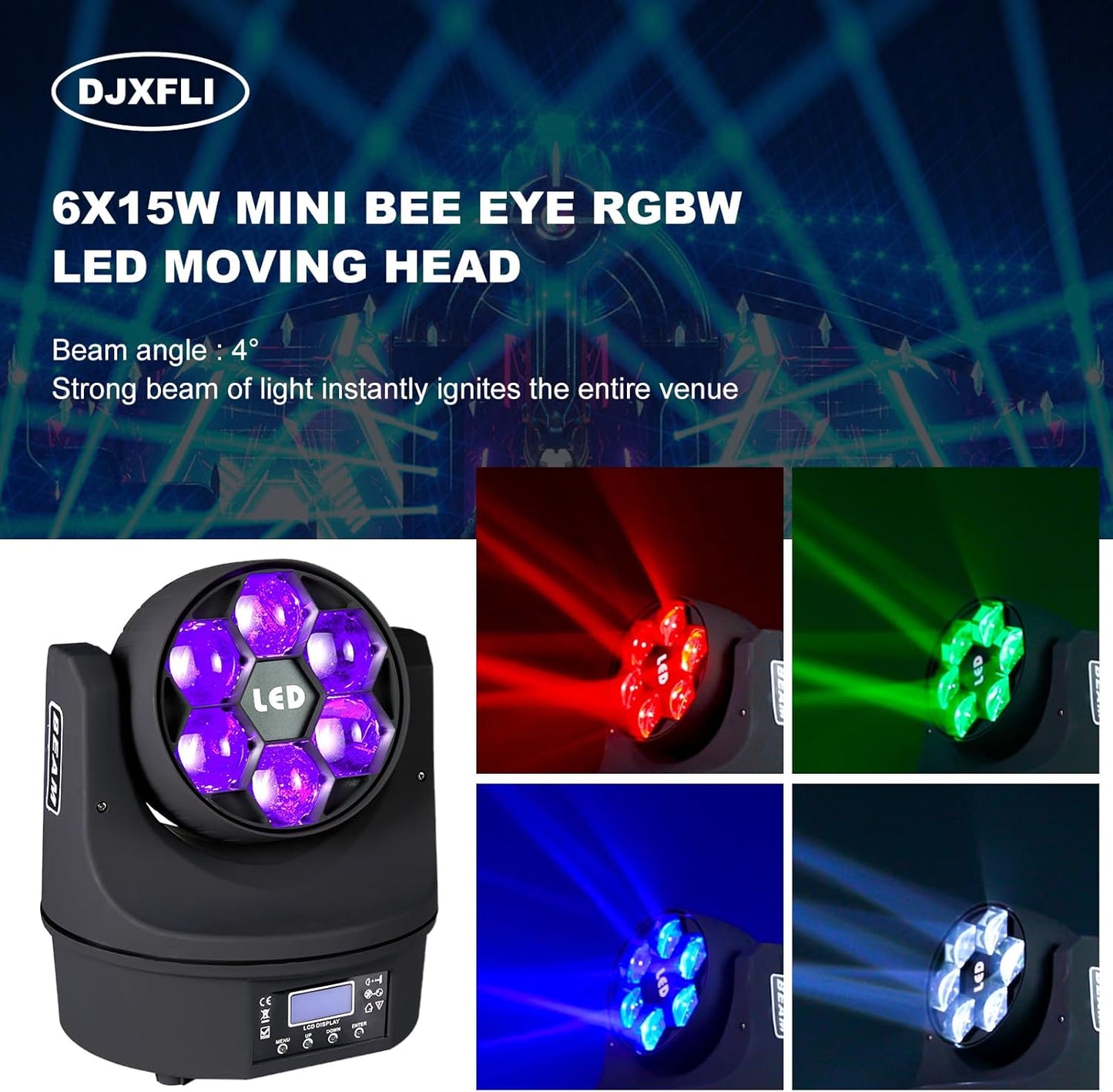 6x15W Mini Bee Eye Moving Head DJ Light, 90W LED RGBW Stage Light Rotate Beam Spot Effect, DMX Sound Activated Remote Control for Parties Wedding Bar Church Show (RGBW 4in1)
