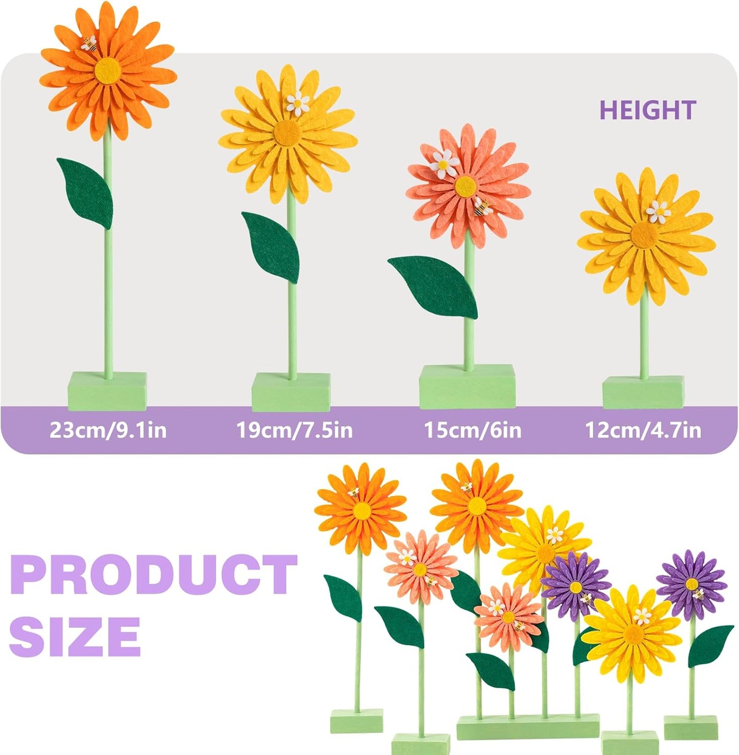 8 PCS Daisy Felt Centerpieces for Tables Flower Party Decorations Daisy Birthday Decorations Yellow Orange Purple Fall Decorations for Home Girl Birthday Baby Shower Thanksgiving Autumn Decor