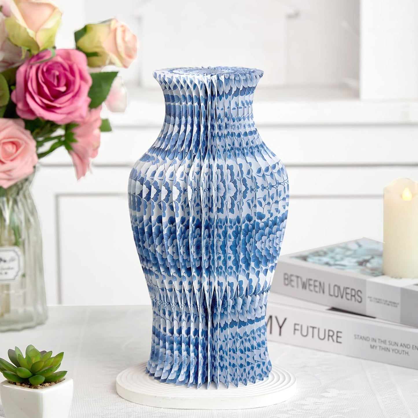 Blue and White Paper Honeycomb Vase, 11.6 Inch Foldable Decorative Vase with Magnetic Closure, Chinoiserie Décor Vase, Reusable Table Centerpiece for Home Decor, Party Decorations