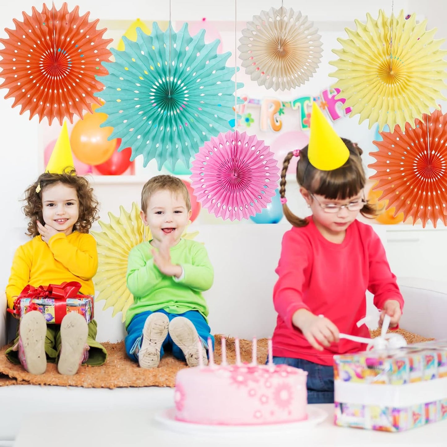 SUNBEAUTY Pack of 11 Peach Pink Yellow Mint Green Hanging Honeycomb Round Paper Fans for Birthday Baby Shower Bachelorette Anniversary Wedding Photo Booth Backdrop Party Decoration