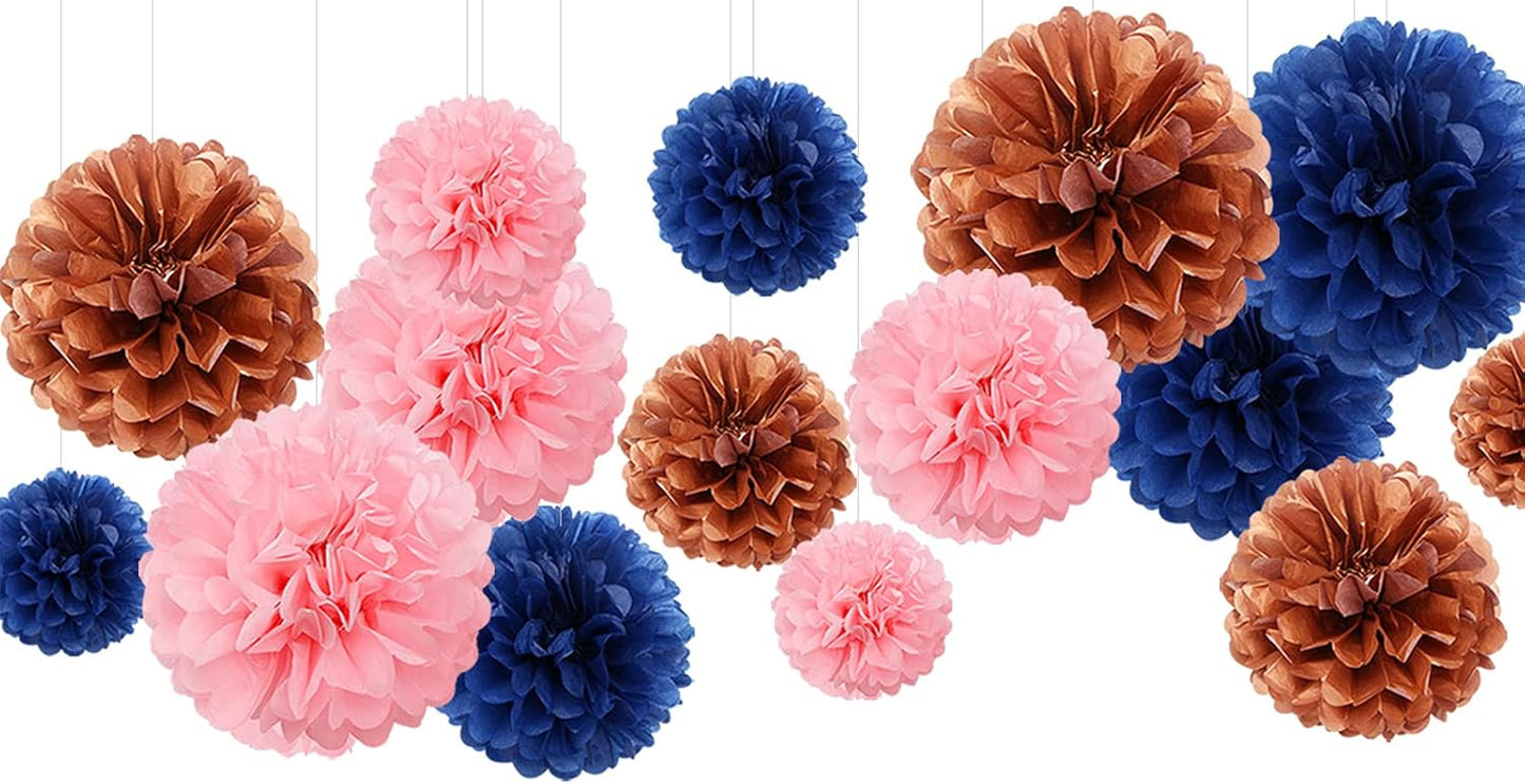 Gender-Reveal Decorations Tissue Paper Pom-Poms - 15pcs 5 Size Navy Blue Pink Rose Gold Paper Flowers,Birthday Bachelorette Bridal Shower Room Decor Engagement Party Decoration Panduola