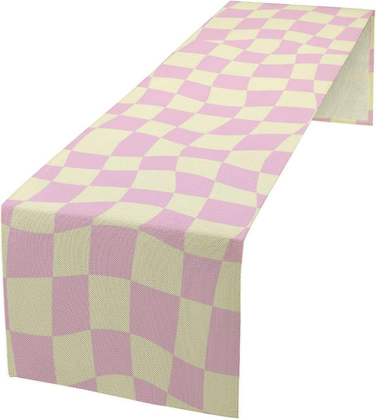 Hippie Table Runner Retro Geometric Square Purple Grid 60s70s Style Kitchen Restaurant Decoration for Indoor and Outdoor Wedding Party Table Runner 13x120 Inch